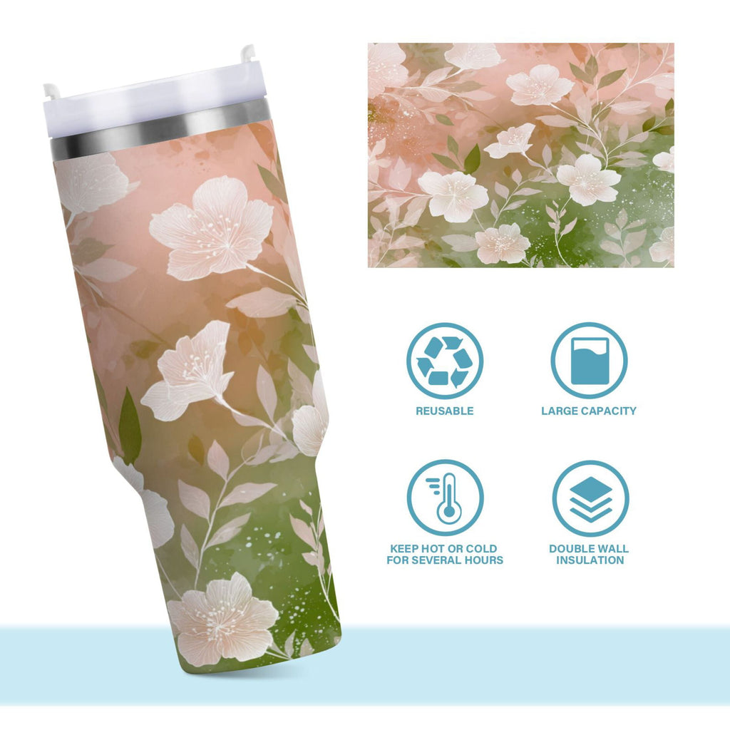 30 oz Insulated Stainless Steel Tumbler Double Wall Stainless Steel Tumbler with 2-Way Drinking Gradient Elegant Floral - Choice 127