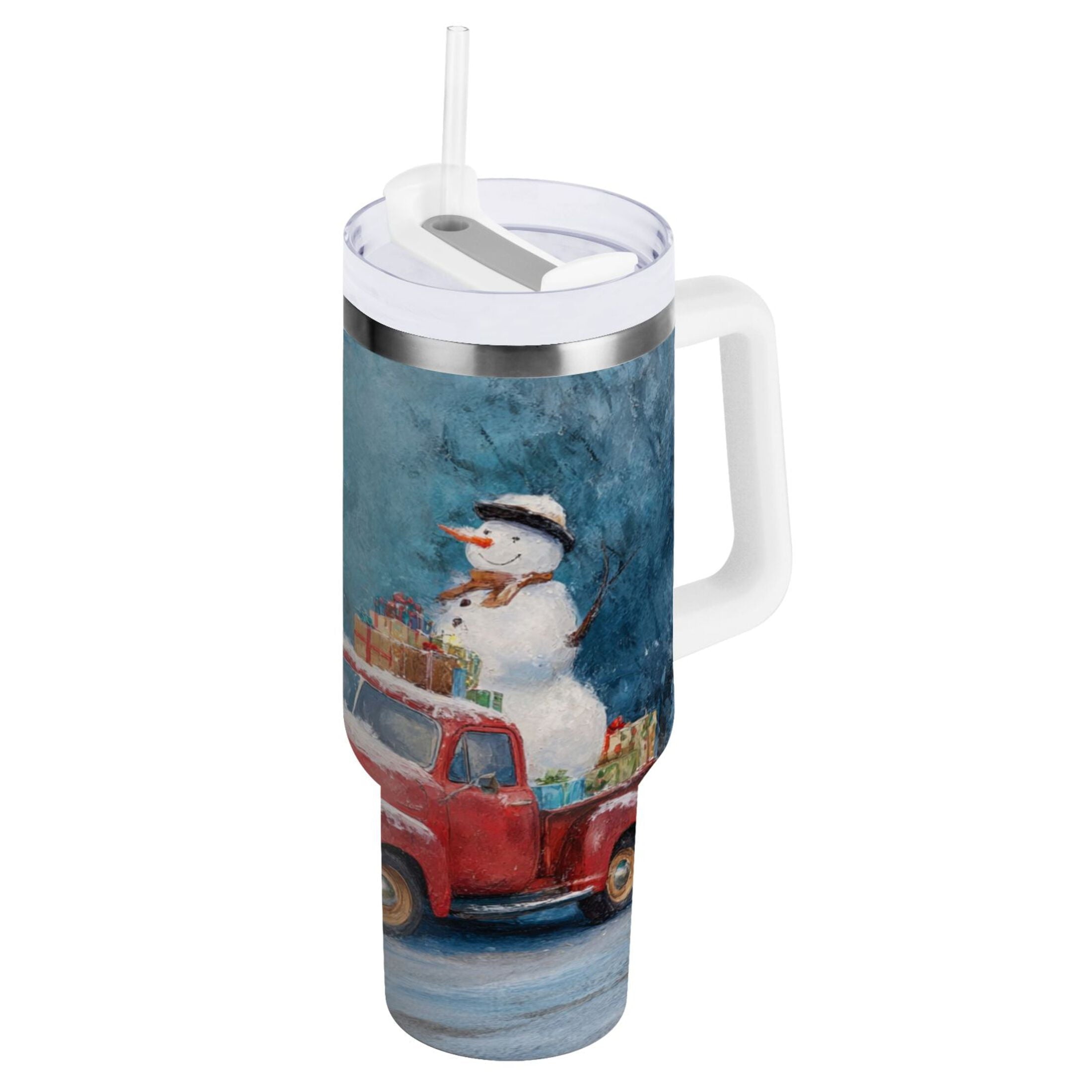 40 oz Insulated Stainless Steel Tumbler Double Wall Stainless Steel Tumbler with 2-Way Drinking Christmas Snowman in A Red Truck - Choice 229