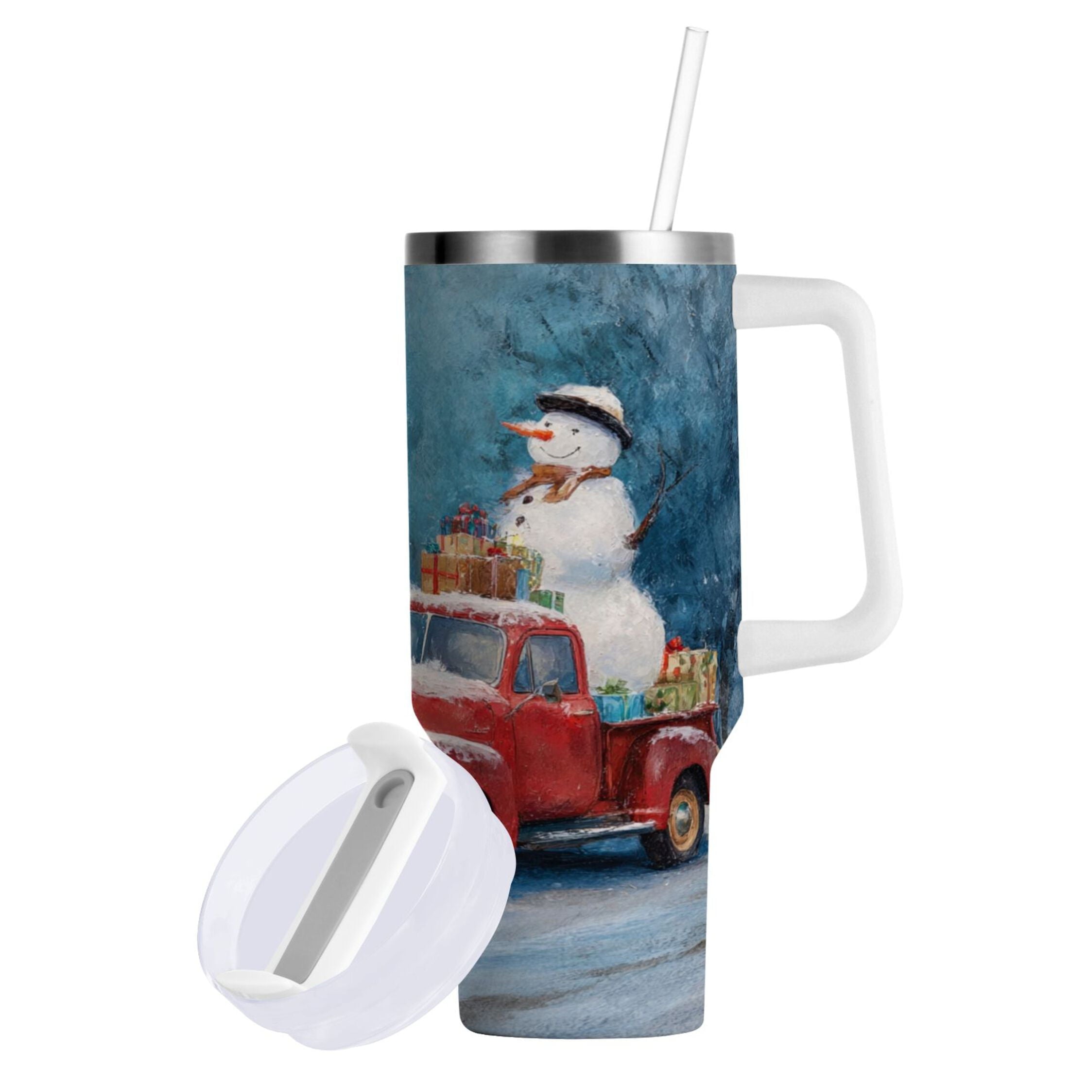 40 oz Insulated Stainless Steel Tumbler Double Wall Stainless Steel Tumbler with 2-Way Drinking Christmas Snowman in A Red Truck - Choice 229