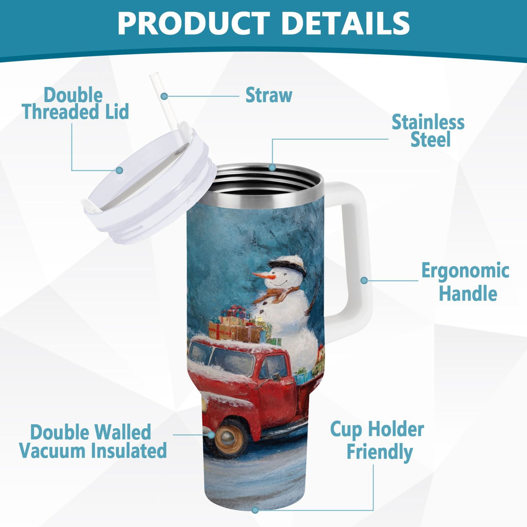 40 oz Insulated Stainless Steel Tumbler Double Wall Stainless Steel Tumbler with 2-Way Drinking Christmas Snowman in A Red Truck - Choice 229