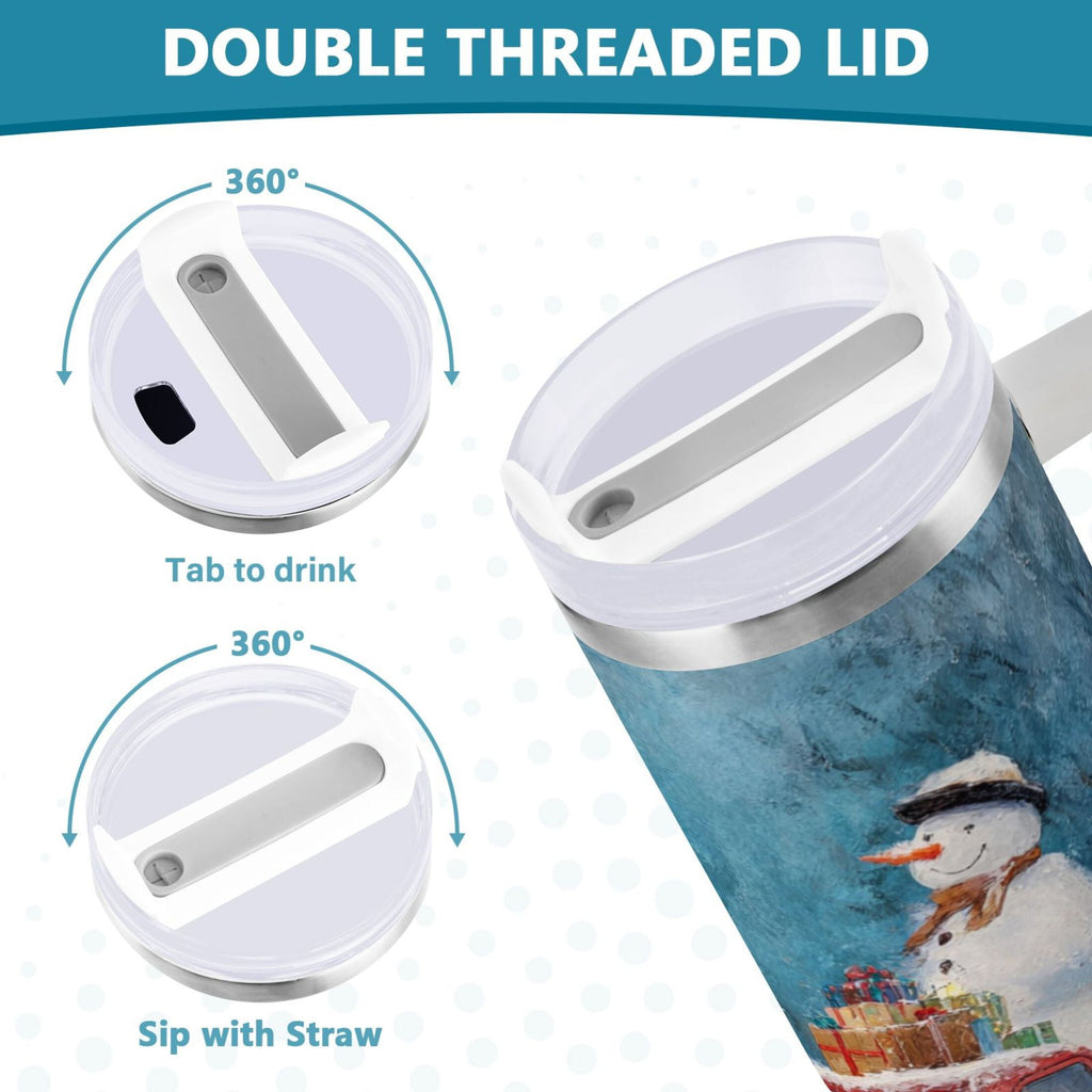 40 oz Insulated Stainless Steel Tumbler Double Wall Stainless Steel Tumbler with 2-Way Drinking Christmas Snowman in A Red Truck - Choice 229