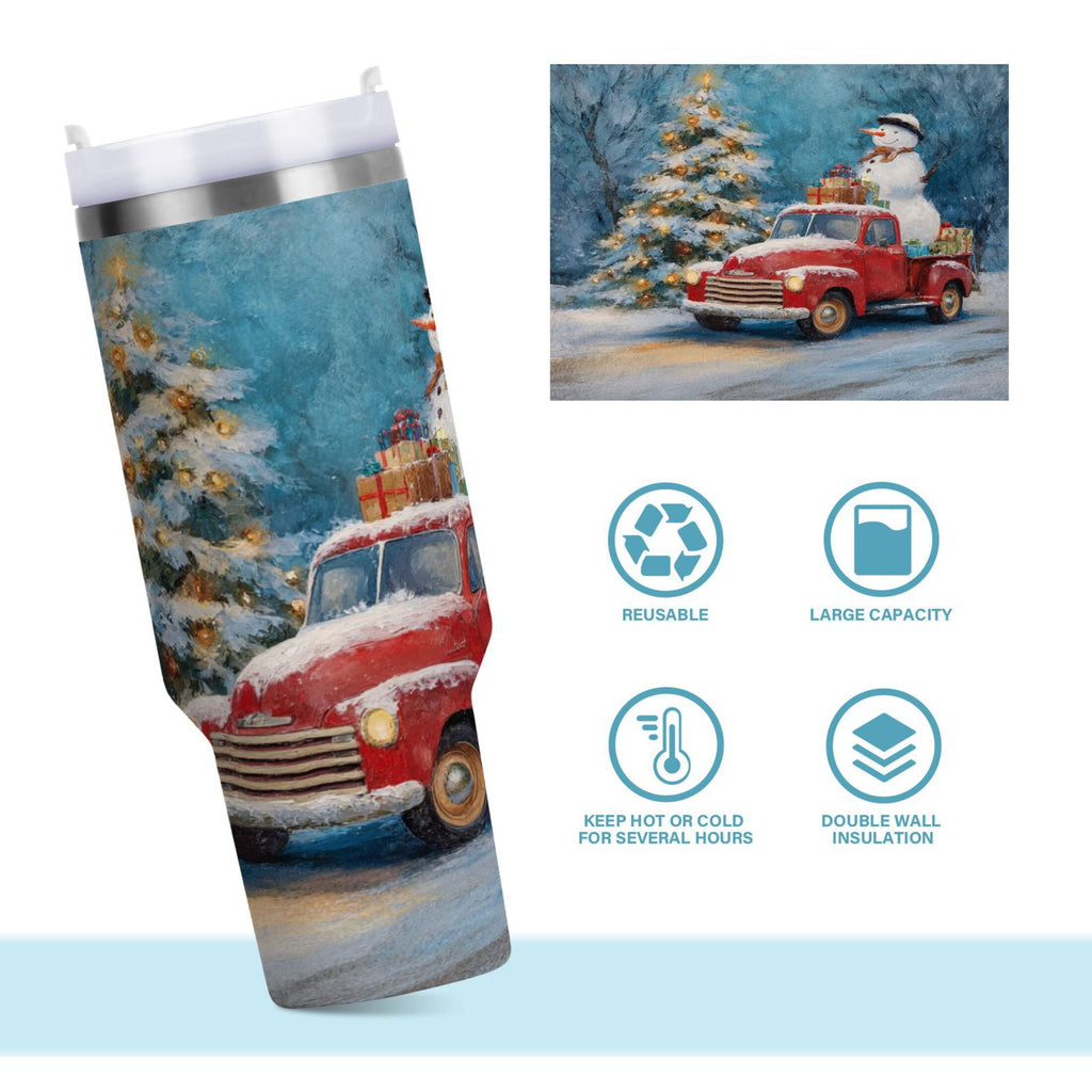 40 oz Insulated Stainless Steel Tumbler Double Wall Stainless Steel Tumbler with 2-Way Drinking Christmas Snowman in A Red Truck - Choice 229
