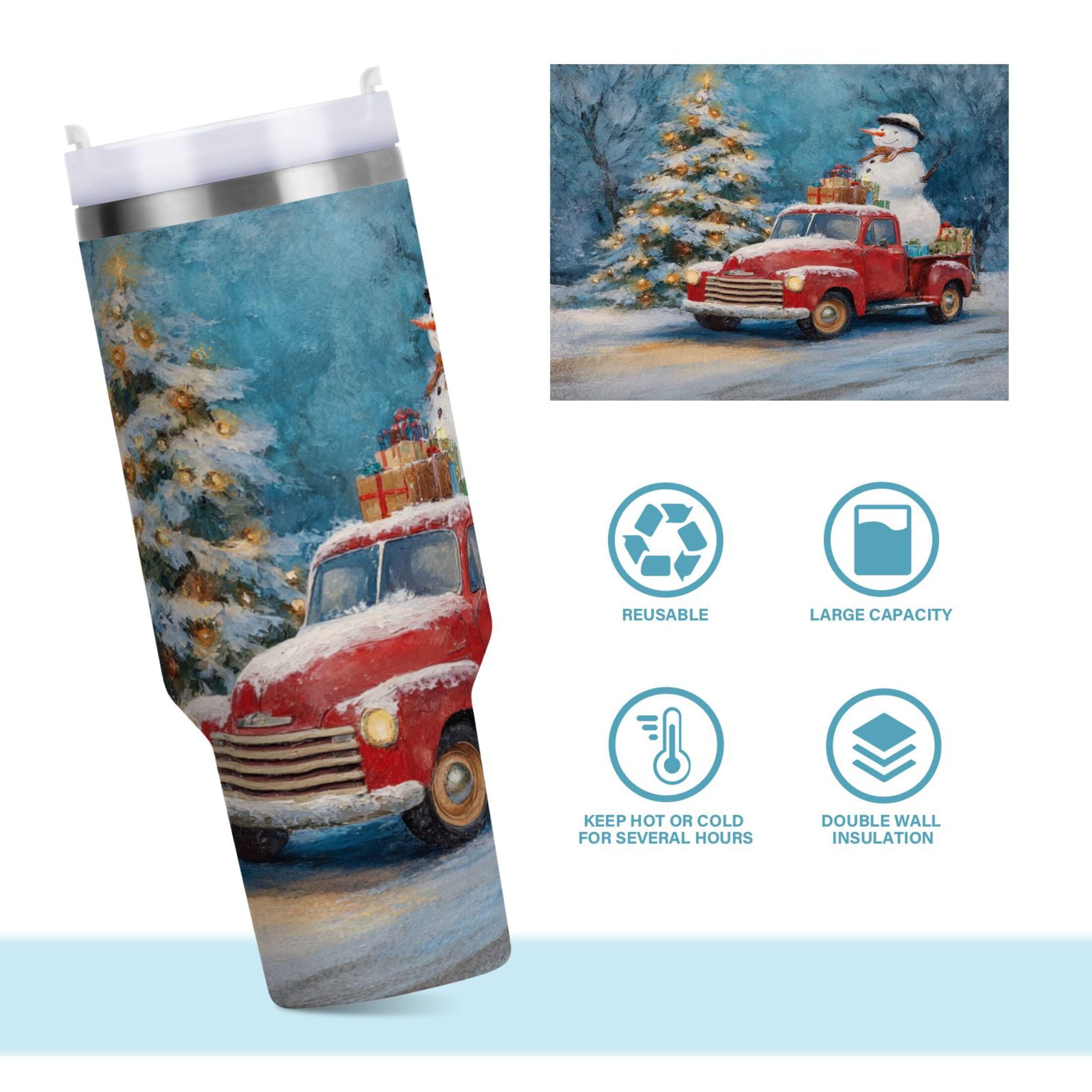 40 oz Insulated Stainless Steel Tumbler Double Wall Stainless Steel Tumbler with 2-Way Drinking Christmas Snowman in A Red Truck - Choice 229