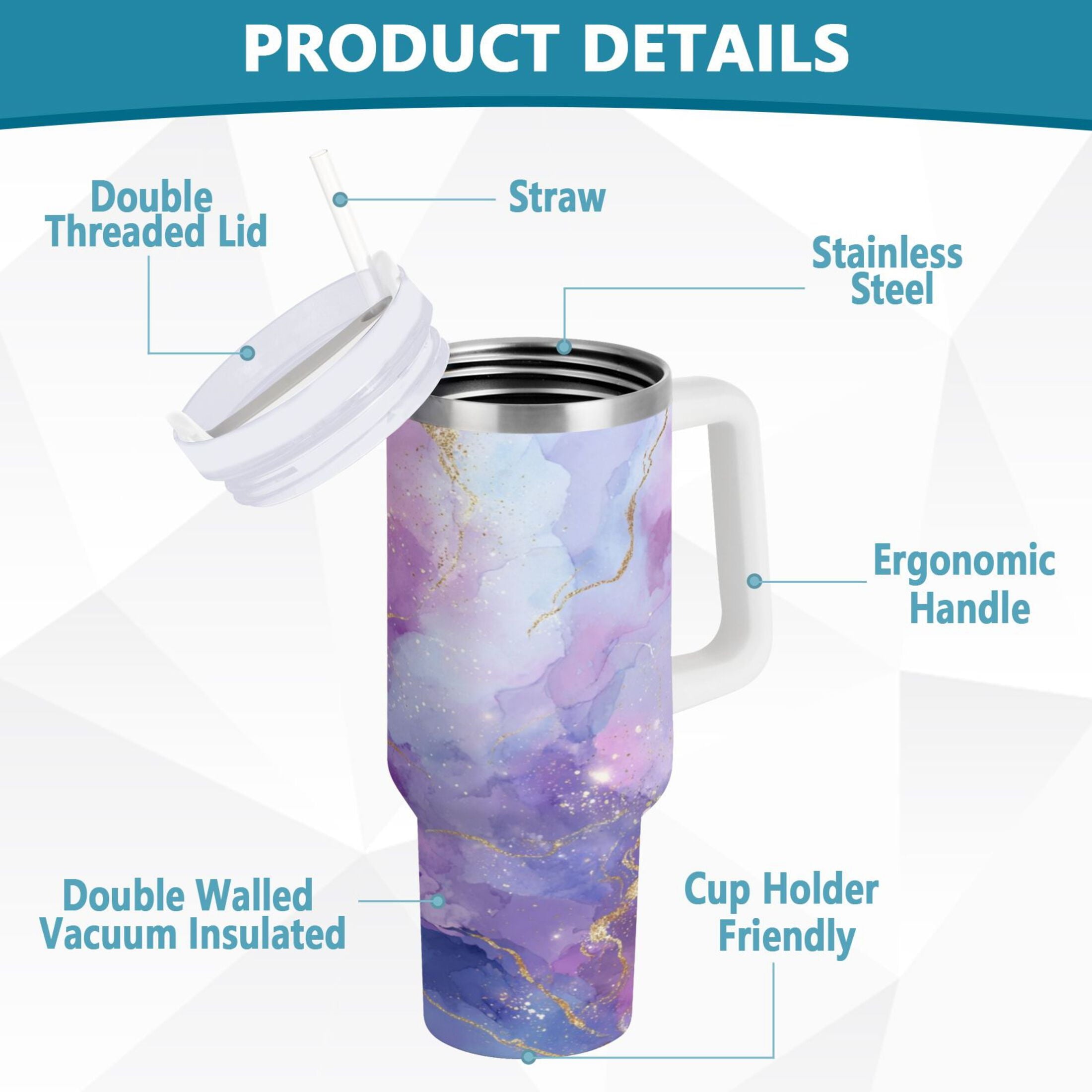 40 oz Insulated Stainless Steel Tumbler Double Wall Stainless Steel Tumbler with 2-Way Drinking Pink and Blue Marble Texture - Choice 353