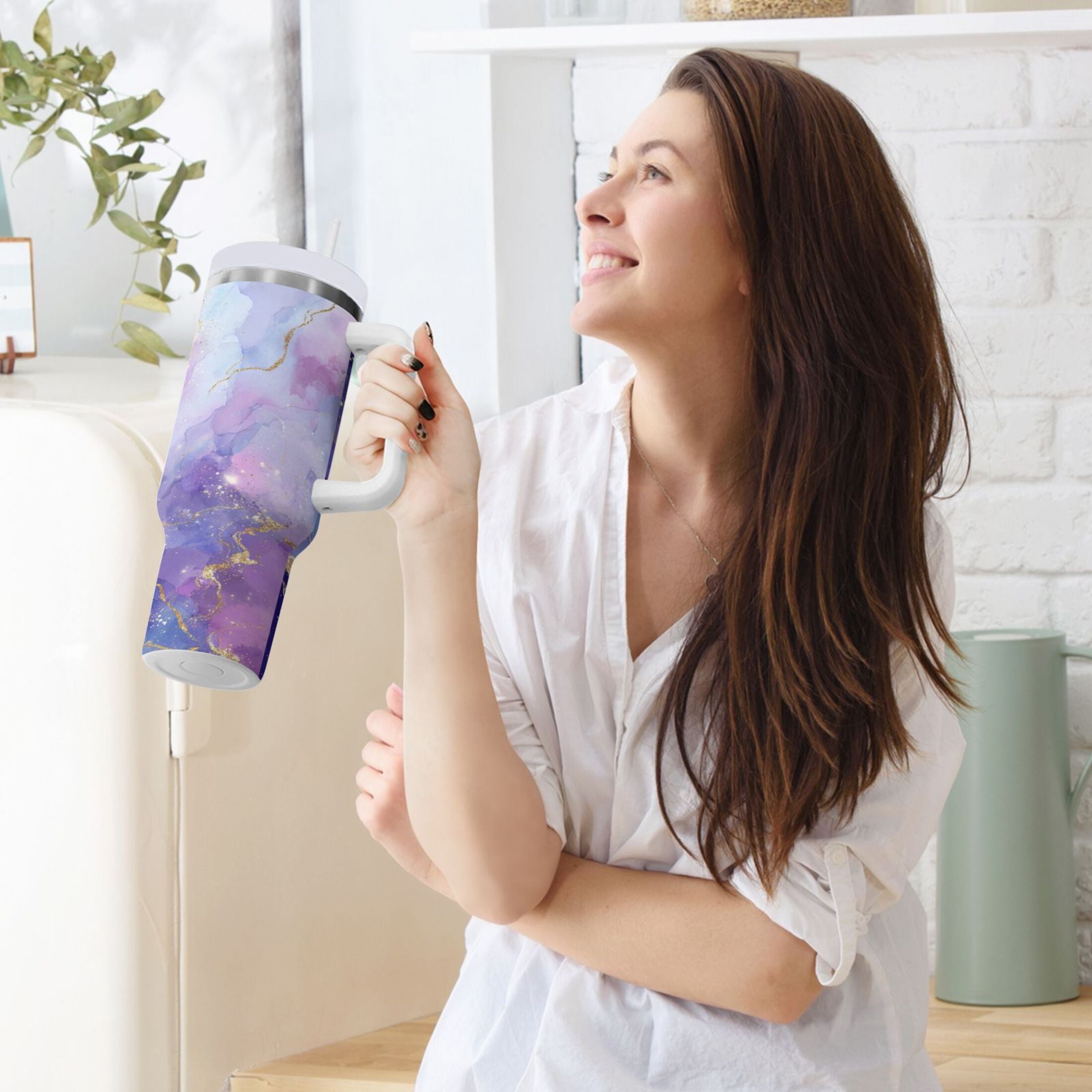 40 oz Insulated Stainless Steel Tumbler Double Wall Stainless Steel Tumbler with 2-Way Drinking Pink and Blue Marble Texture - Choice 353