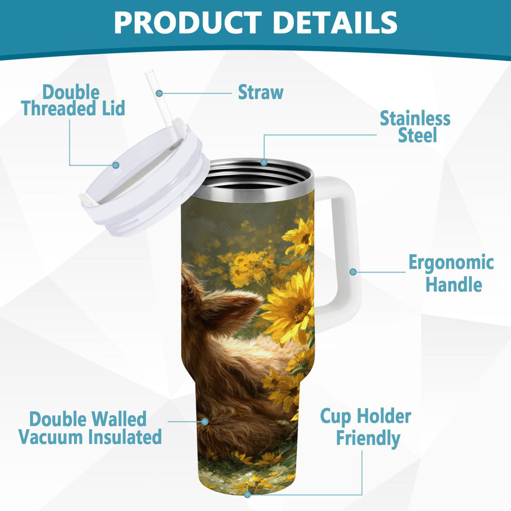 40 oz Insulated Stainless Steel Tumbler Double Wall Stainless Steel Tumbler with 2-Way Drinking Cow Lying in Sunflowers - Choice 453