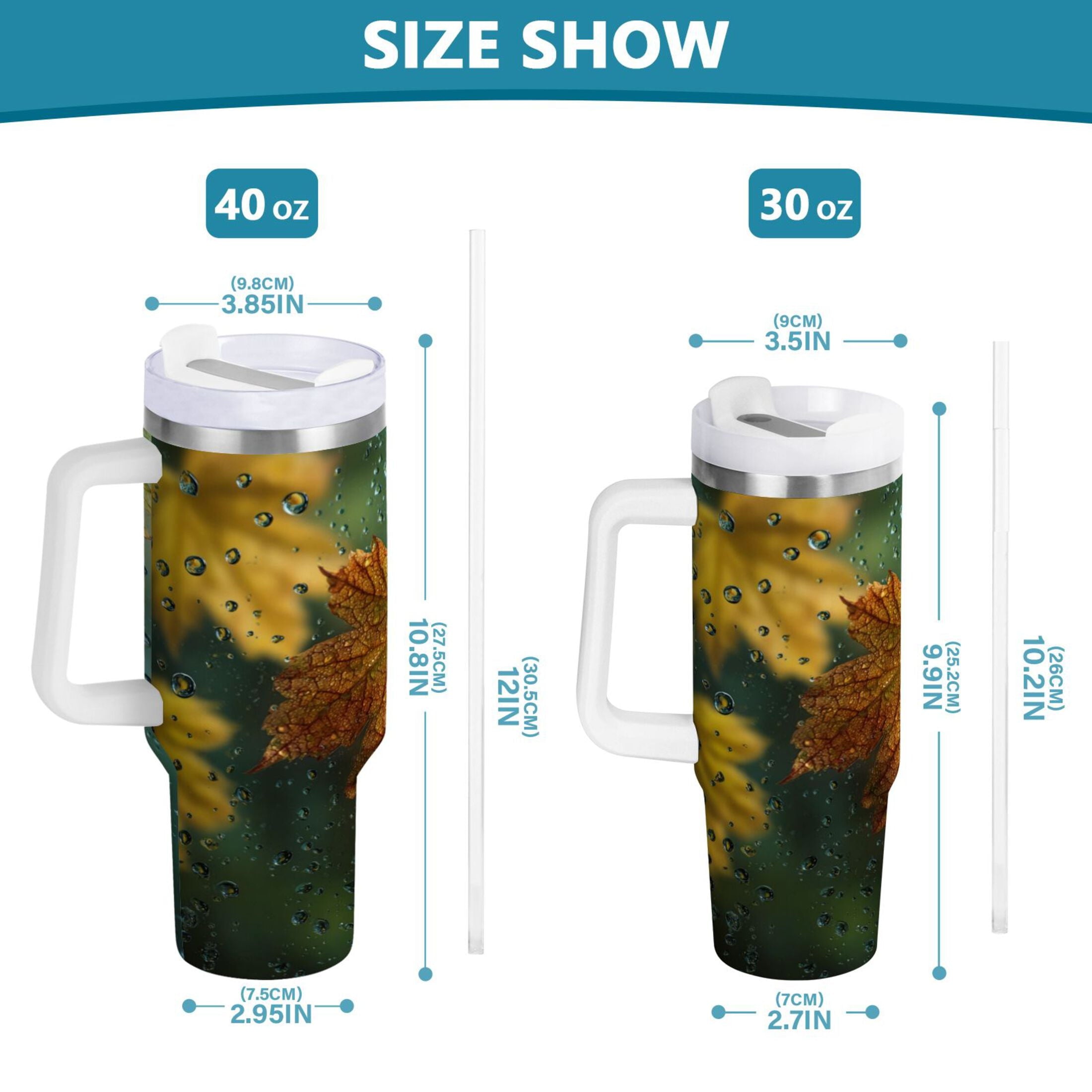 30 oz Insulated Stainless Steel Tumbler Double Wall Stainless Steel Tumbler with 2-Way Drinking Leaves with Water Droplets - Choice 218