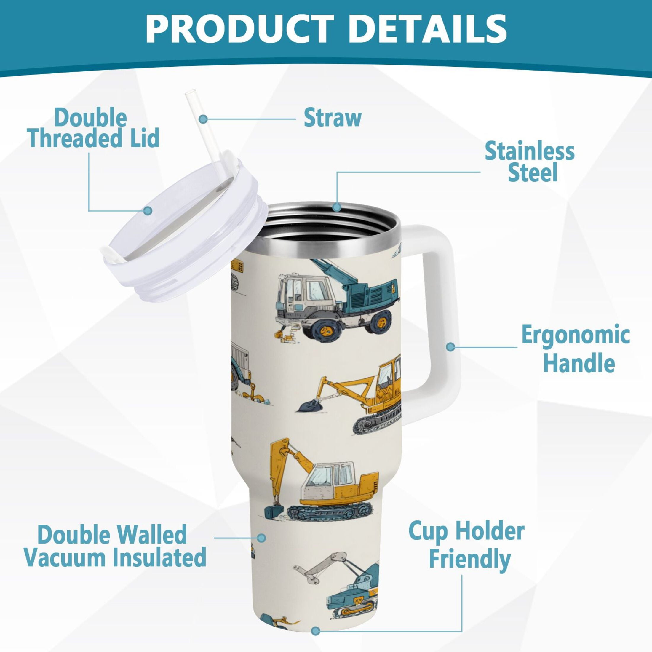 30 oz Insulated Stainless Steel Tumbler Double Wall Stainless Steel Tumbler with 2-Way Drinking Engineering Vehicle Pattern - Choice 742