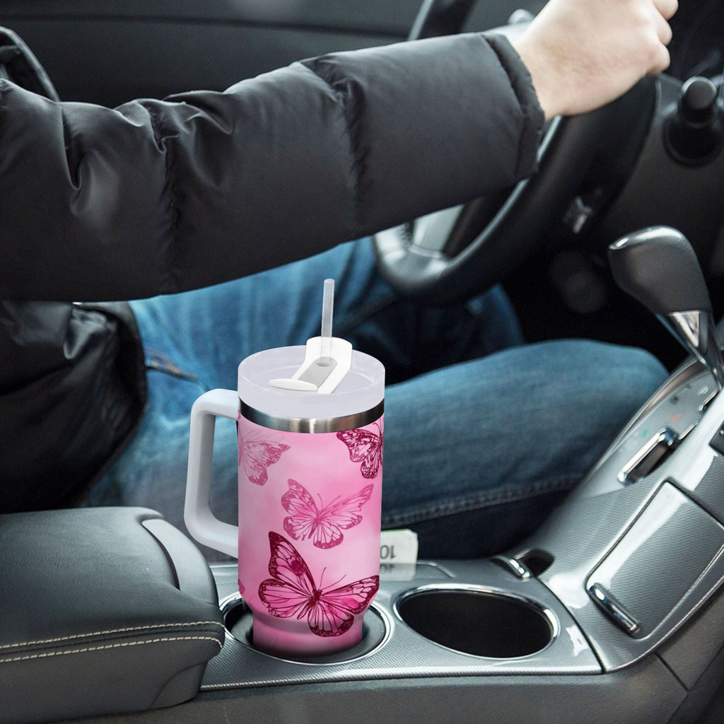 40 oz Insulated Stainless Steel Tumbler Double Wall Stainless Steel Tumbler with 2-Way Drinking Pink Butterfly Pattern - Choice 429