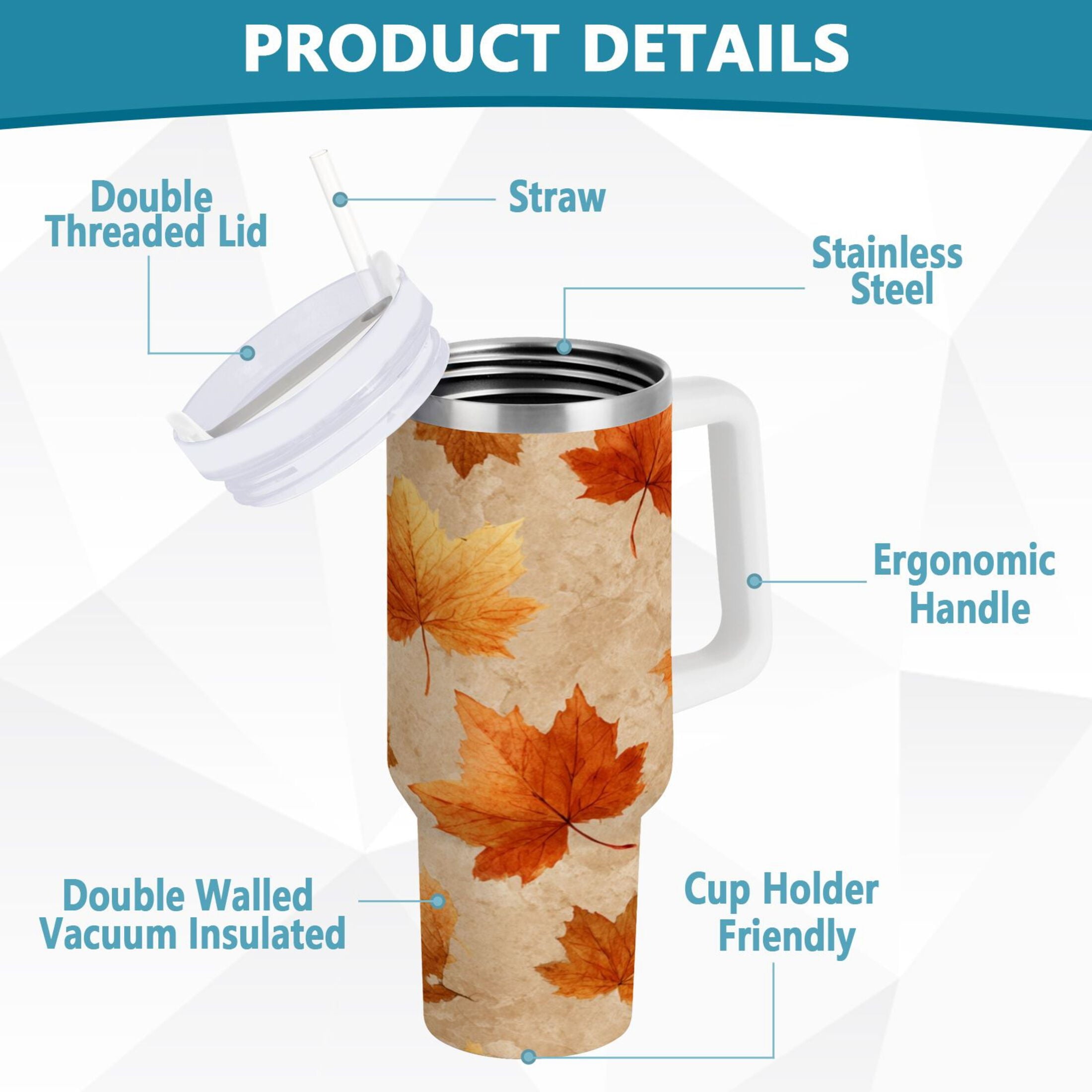 40 oz Insulated Stainless Steel Tumbler Double Wall Stainless Steel Tumbler with 2-Way Drinking Orange Autumn Leaves Pattern - Choice 463