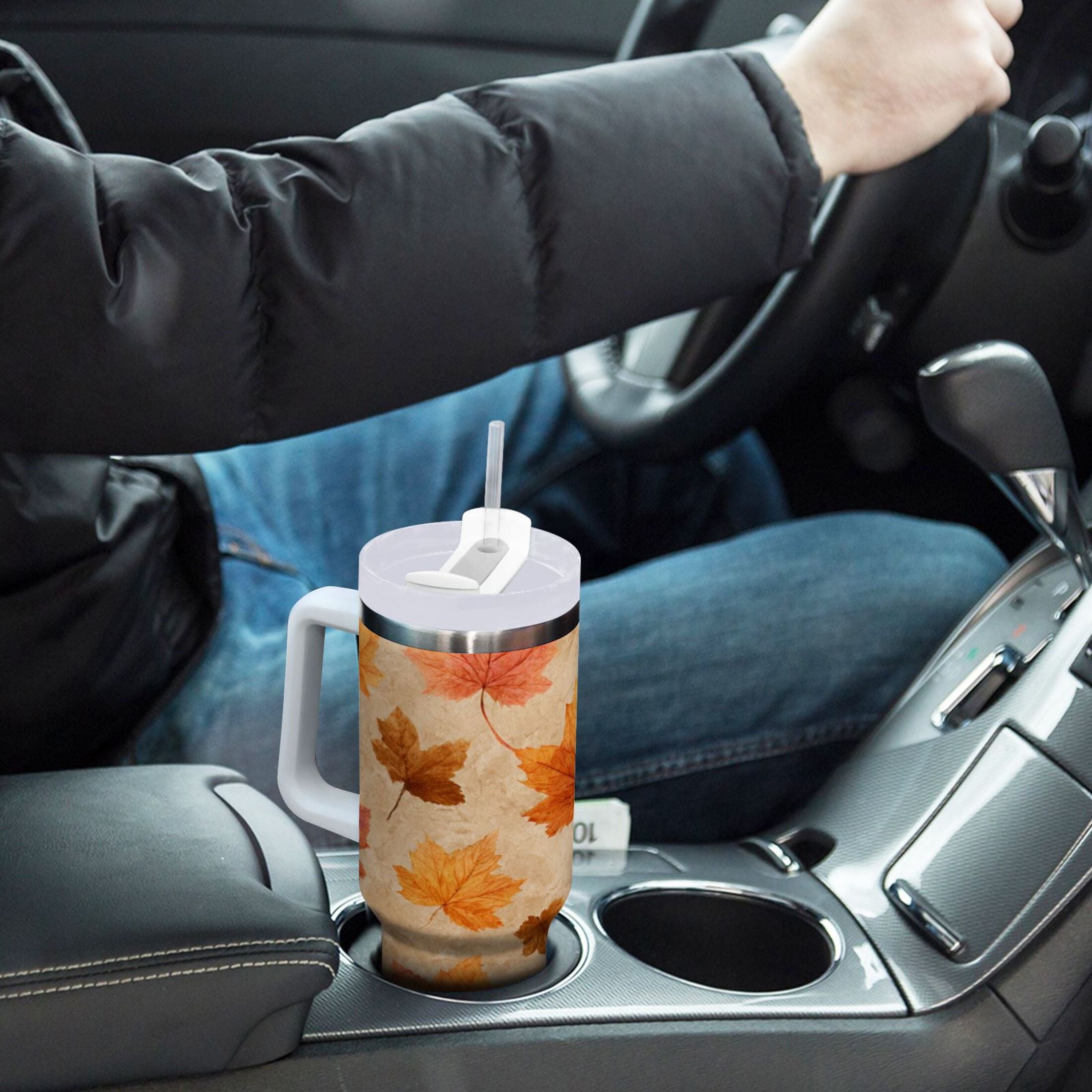 40 oz Insulated Stainless Steel Tumbler Double Wall Stainless Steel Tumbler with 2-Way Drinking Orange Autumn Leaves Pattern - Choice 463