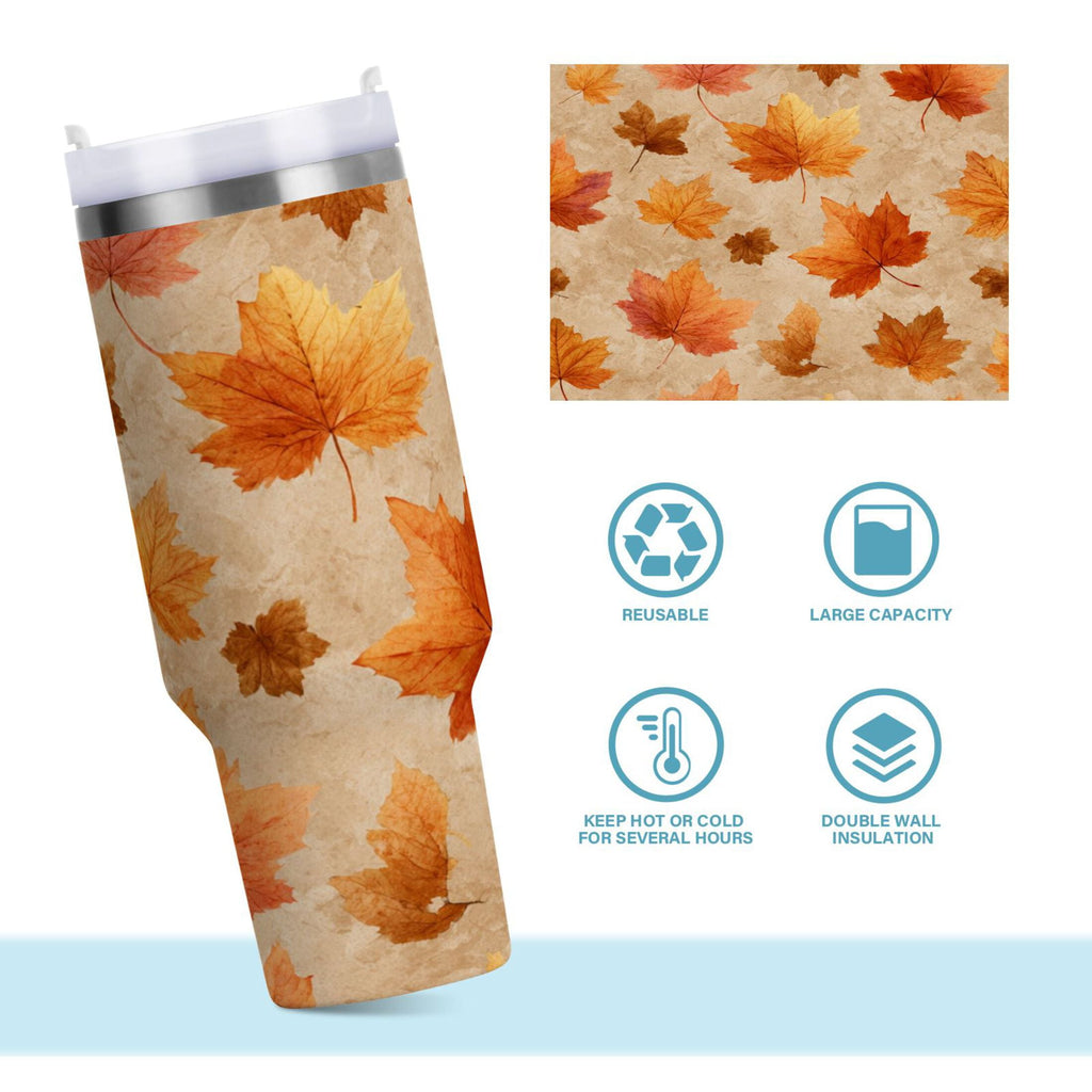 40 oz Insulated Stainless Steel Tumbler Double Wall Stainless Steel Tumbler with 2-Way Drinking Orange Autumn Leaves Pattern - Choice 463