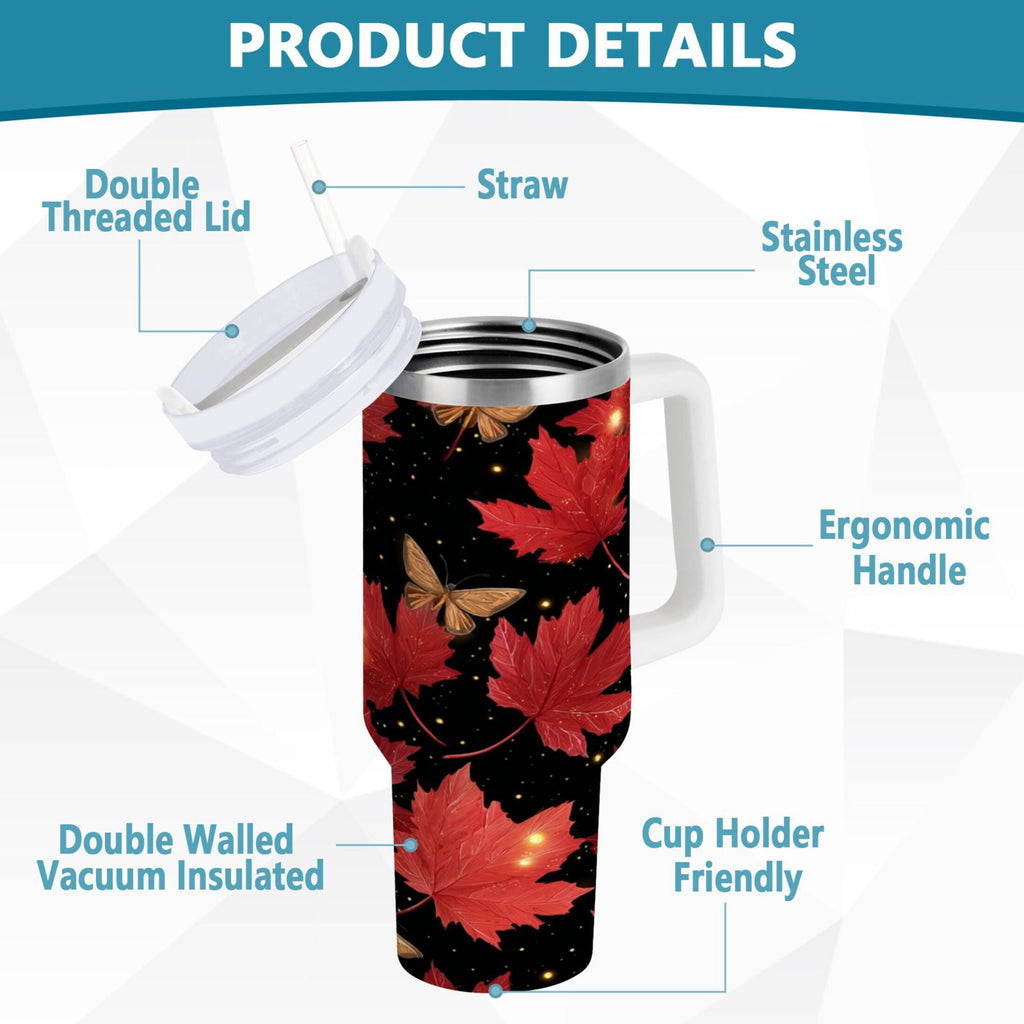 40 oz Insulated Stainless Steel Tumbler Double Wall Stainless Steel Tumbler with 2-Way Drinking Maple Leaves and Fireflies - Choice 258
