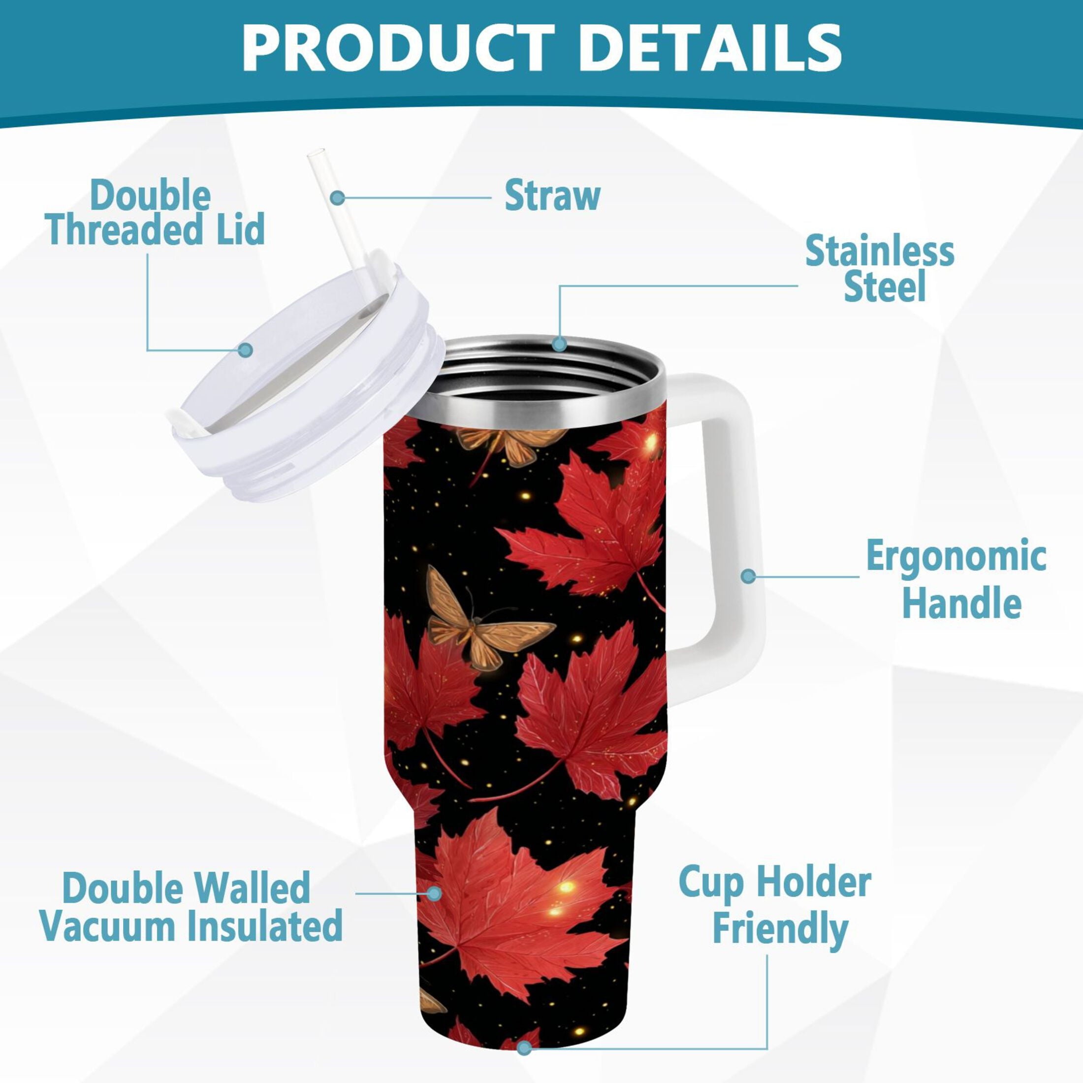 40 oz Insulated Stainless Steel Tumbler Double Wall Stainless Steel Tumbler with 2-Way Drinking Maple Leaves and Fireflies - Choice 258