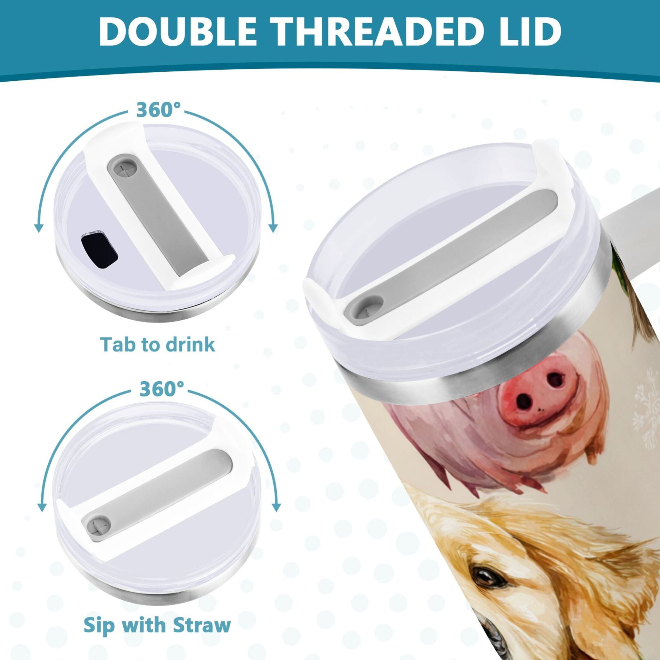 30 oz Insulated Stainless Steel Tumbler Double Wall Stainless Steel Tumbler with 2-Way Drinking Watercolor Animals Pattern - Choice 319
