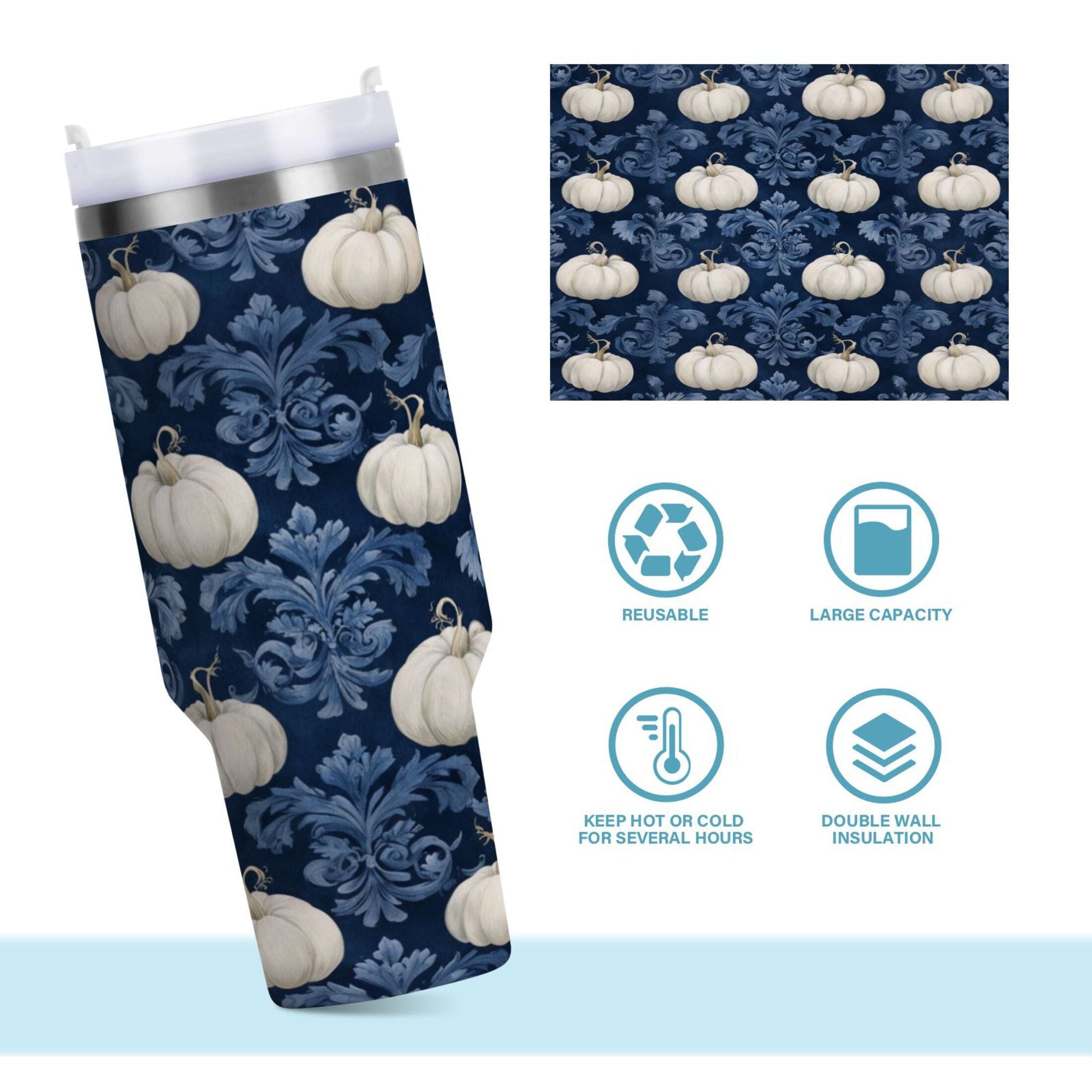 30 oz Insulated Stainless Steel Tumbler Double Wall Stainless Steel Tumbler with 2-Way Drinking Watercolor White Pumpkins - Choice 548