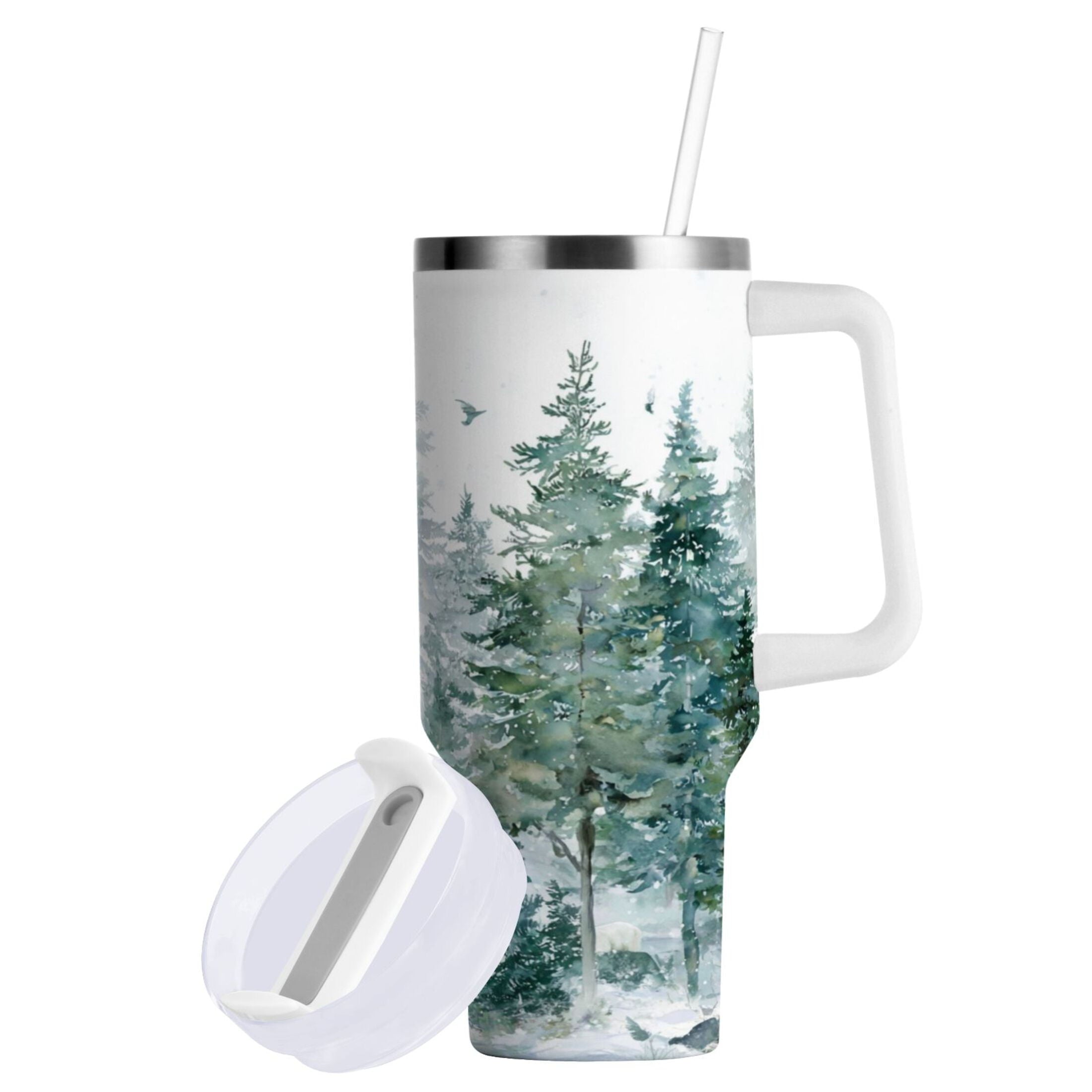30 oz Insulated Stainless Steel Tumbler Double Wall Stainless Steel Tumbler with 2-Way Drinking Green Snowy Forest Scene - Choice 514