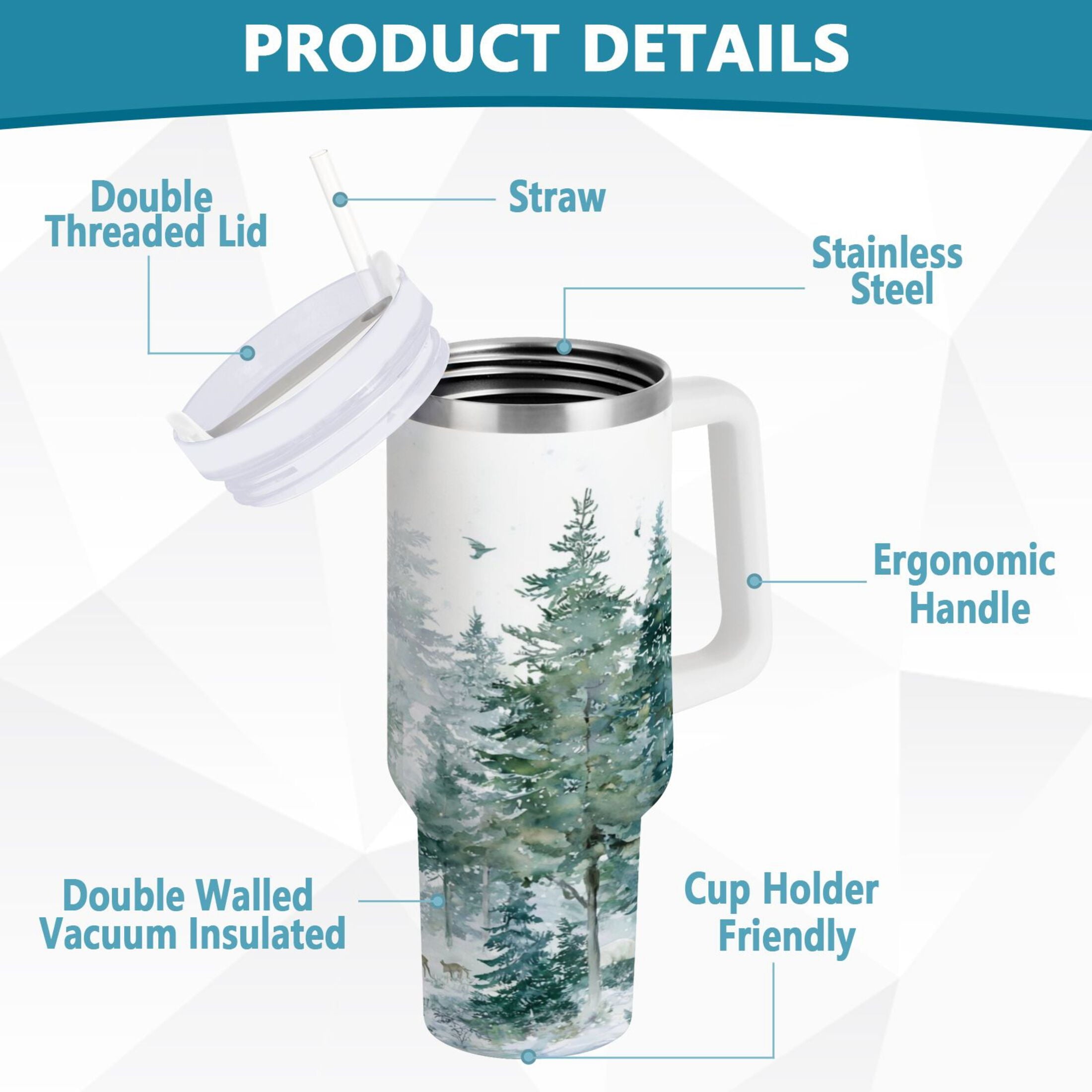 30 oz Insulated Stainless Steel Tumbler Double Wall Stainless Steel Tumbler with 2-Way Drinking Green Snowy Forest Scene - Choice 514