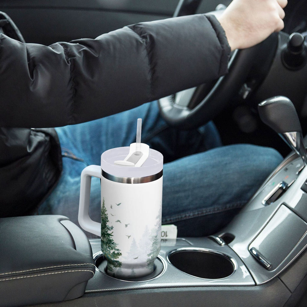 30 oz Insulated Stainless Steel Tumbler Double Wall Stainless Steel Tumbler with 2-Way Drinking Green Snowy Forest Scene - Choice 514
