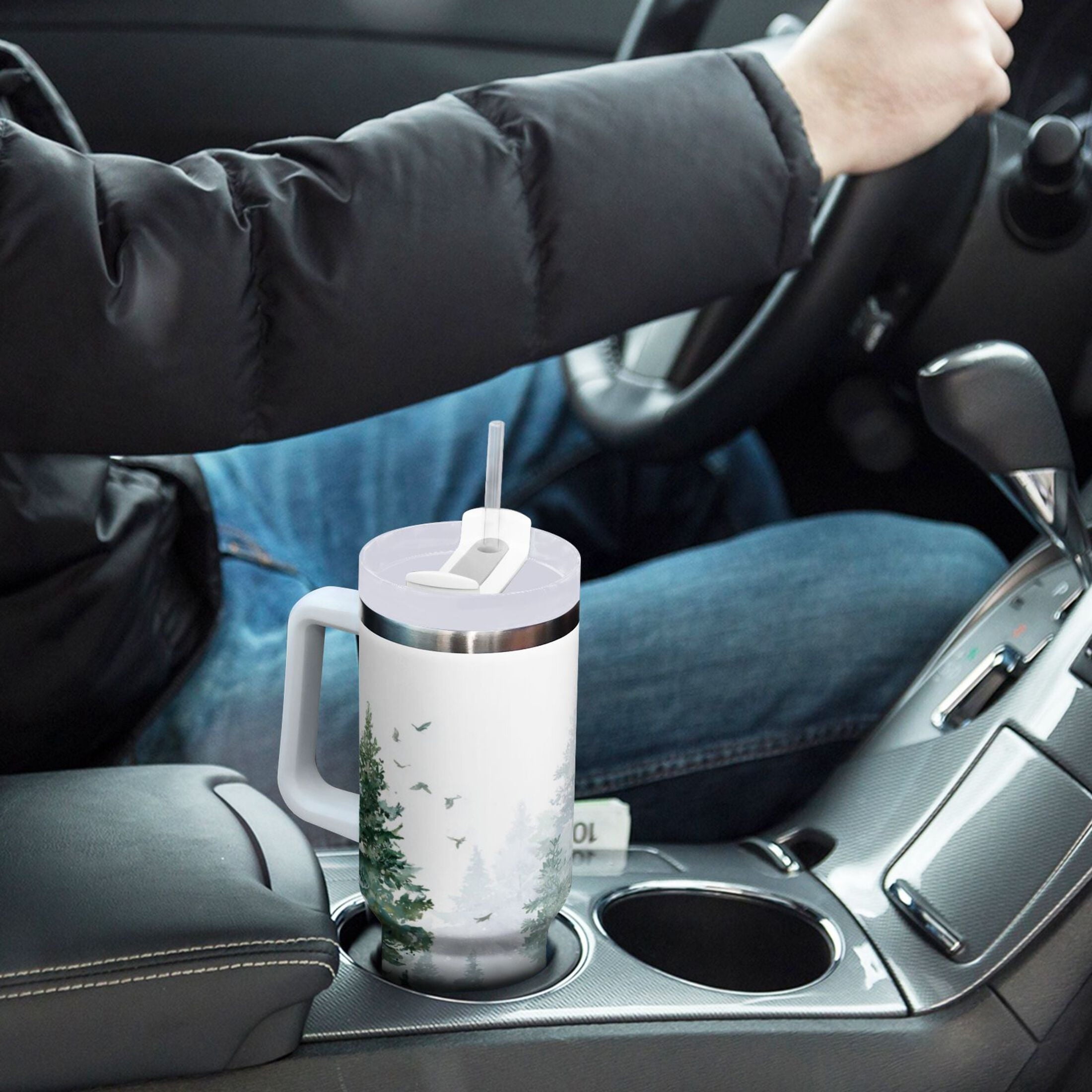 30 oz Insulated Stainless Steel Tumbler Double Wall Stainless Steel Tumbler with 2-Way Drinking Green Snowy Forest Scene - Choice 514