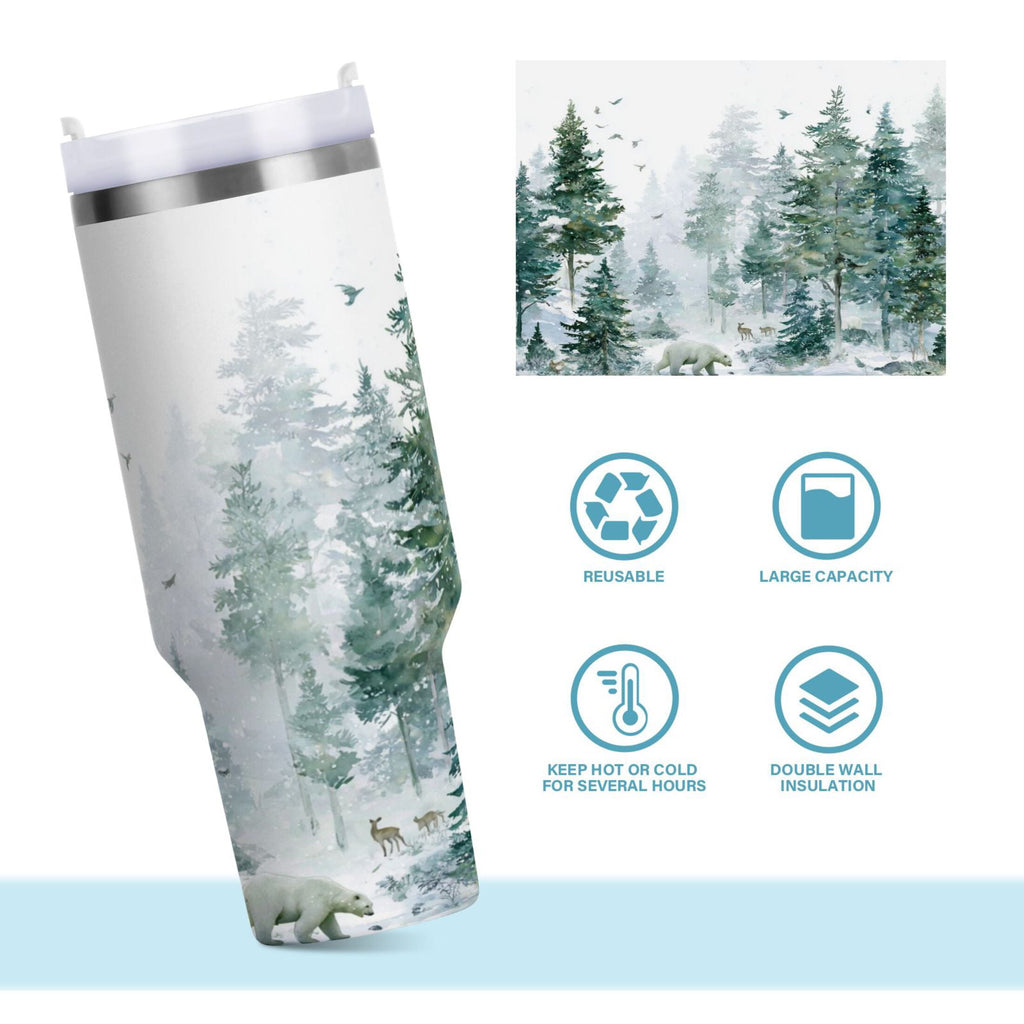 30 oz Insulated Stainless Steel Tumbler Double Wall Stainless Steel Tumbler with 2-Way Drinking Green Snowy Forest Scene - Choice 514