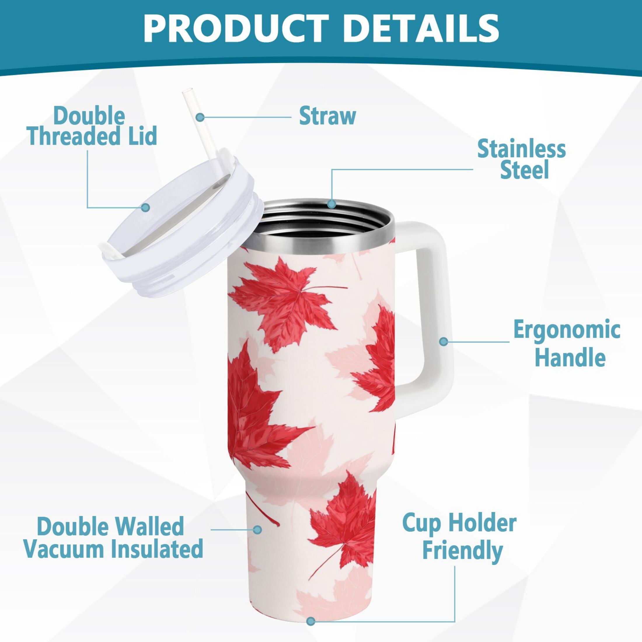 40 oz Insulated Stainless Steel Tumbler Double Wall Stainless Steel Tumbler with 2-Way Drinking Red Maple Leaves Pattern - Choice 446