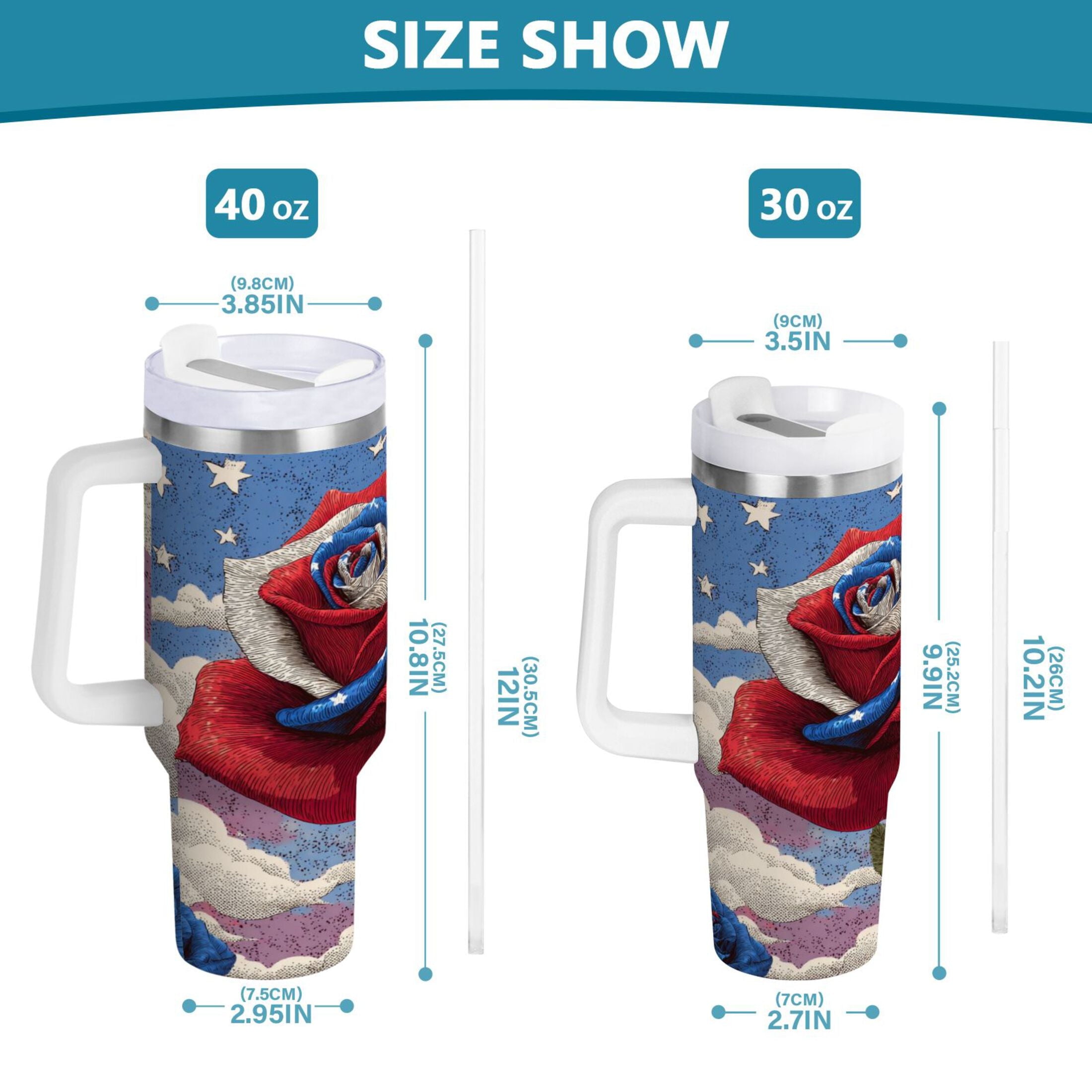 40 oz Insulated Stainless Steel Tumbler Double Wall Stainless Steel Tumbler with 2-Way Drinking Roses and Clouds - Choice 137
