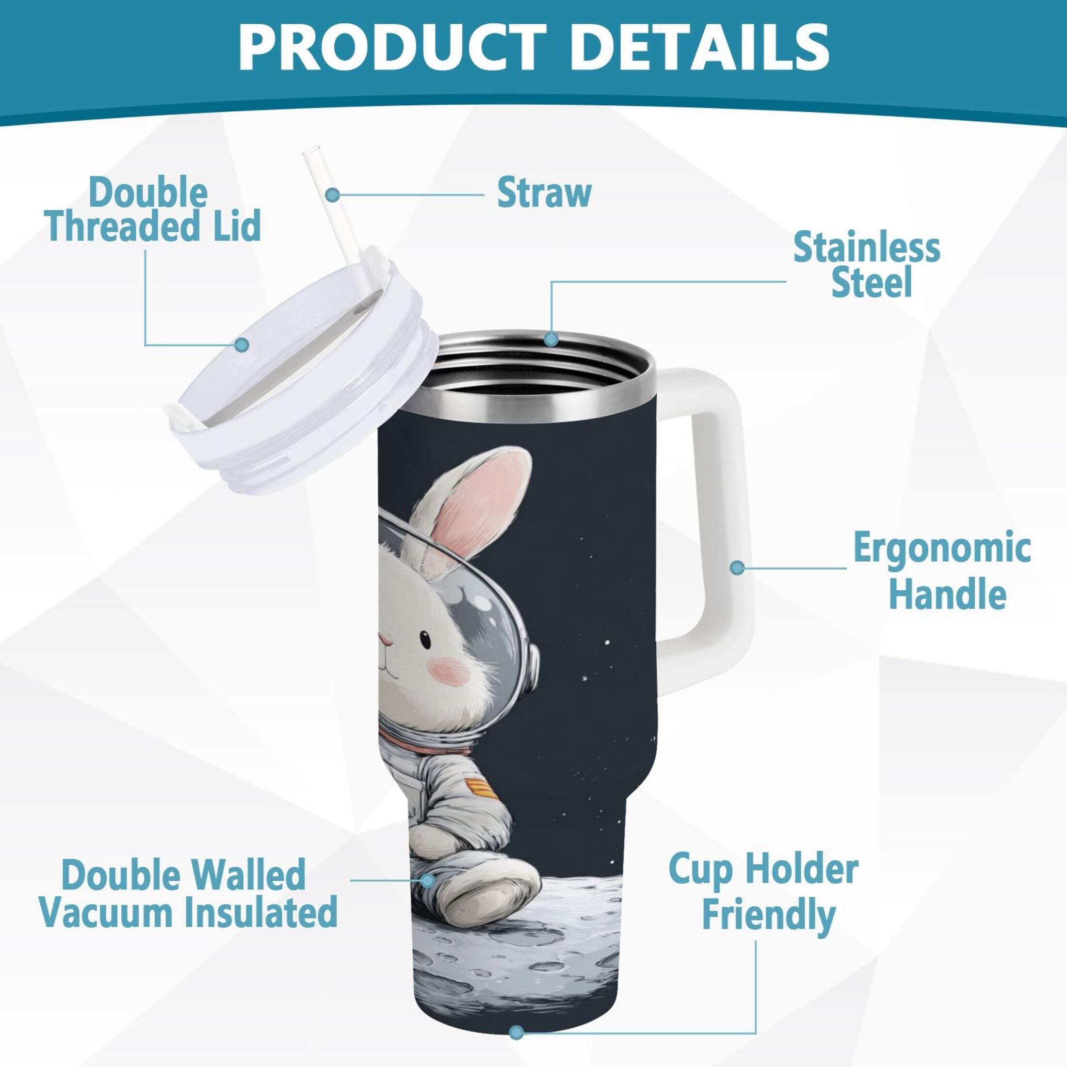 40 oz Insulated Stainless Steel Tumbler Double Wall Stainless Steel Tumbler with 2-Way Drinking Rabbit in A Space - Choice 753