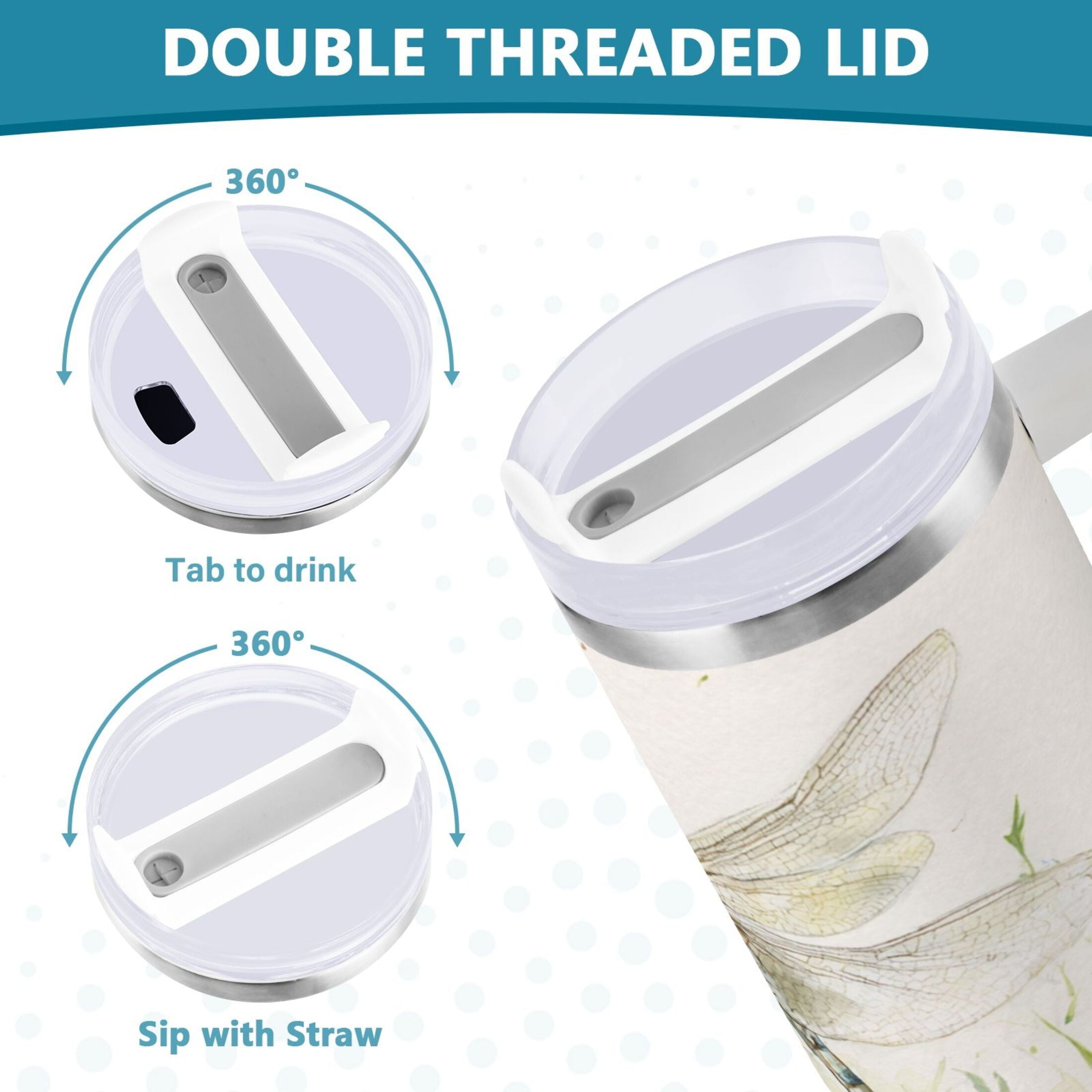 30 oz Insulated Stainless Steel Tumbler Double Wall Stainless Steel Tumbler with 2-Way Drinking Dragonflies with White Daisies - Choice 723