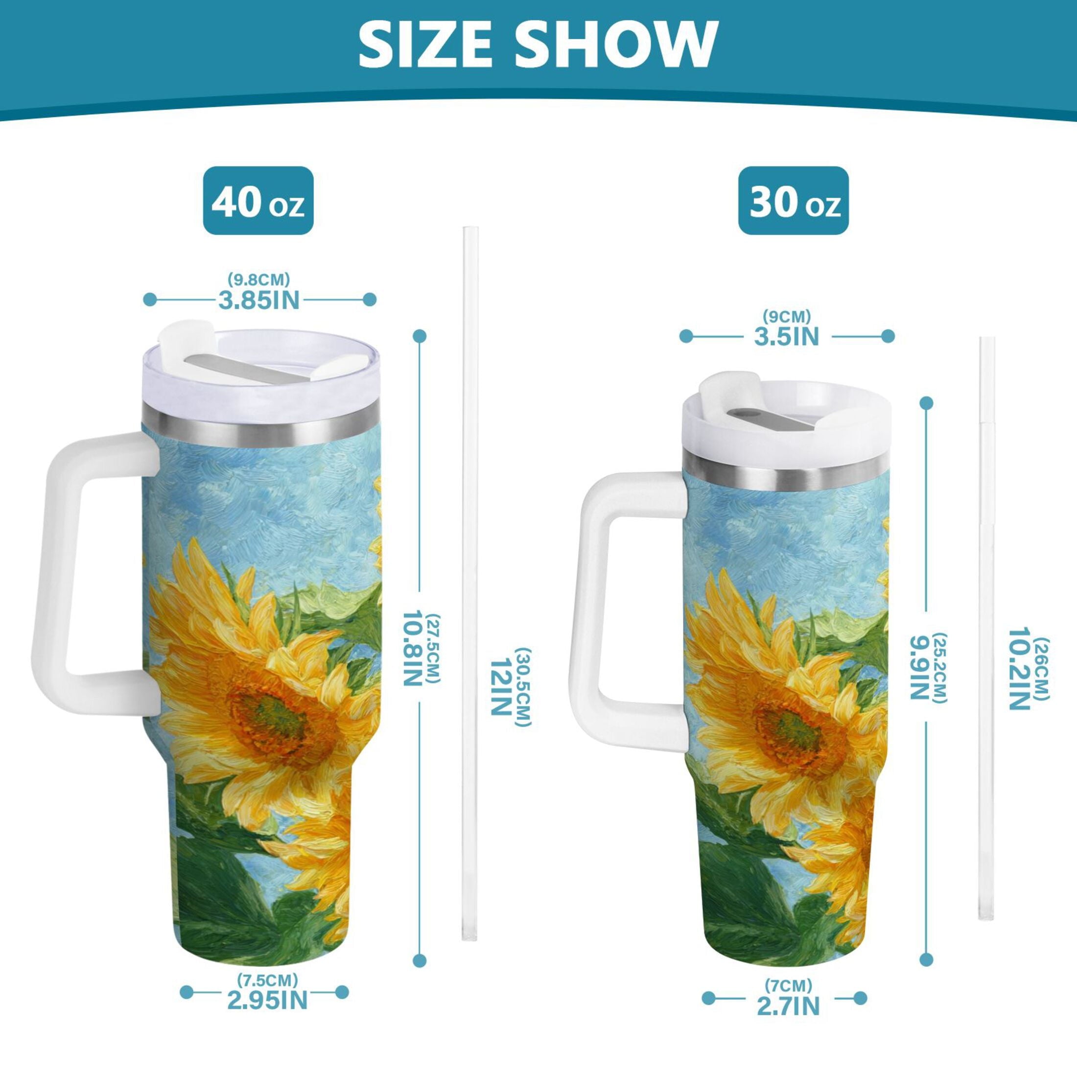 40 oz Insulated Stainless Steel Tumbler Double Wall Stainless Steel Tumbler with 2-Way Drinking Sunflower Oil Painting - Choice 548