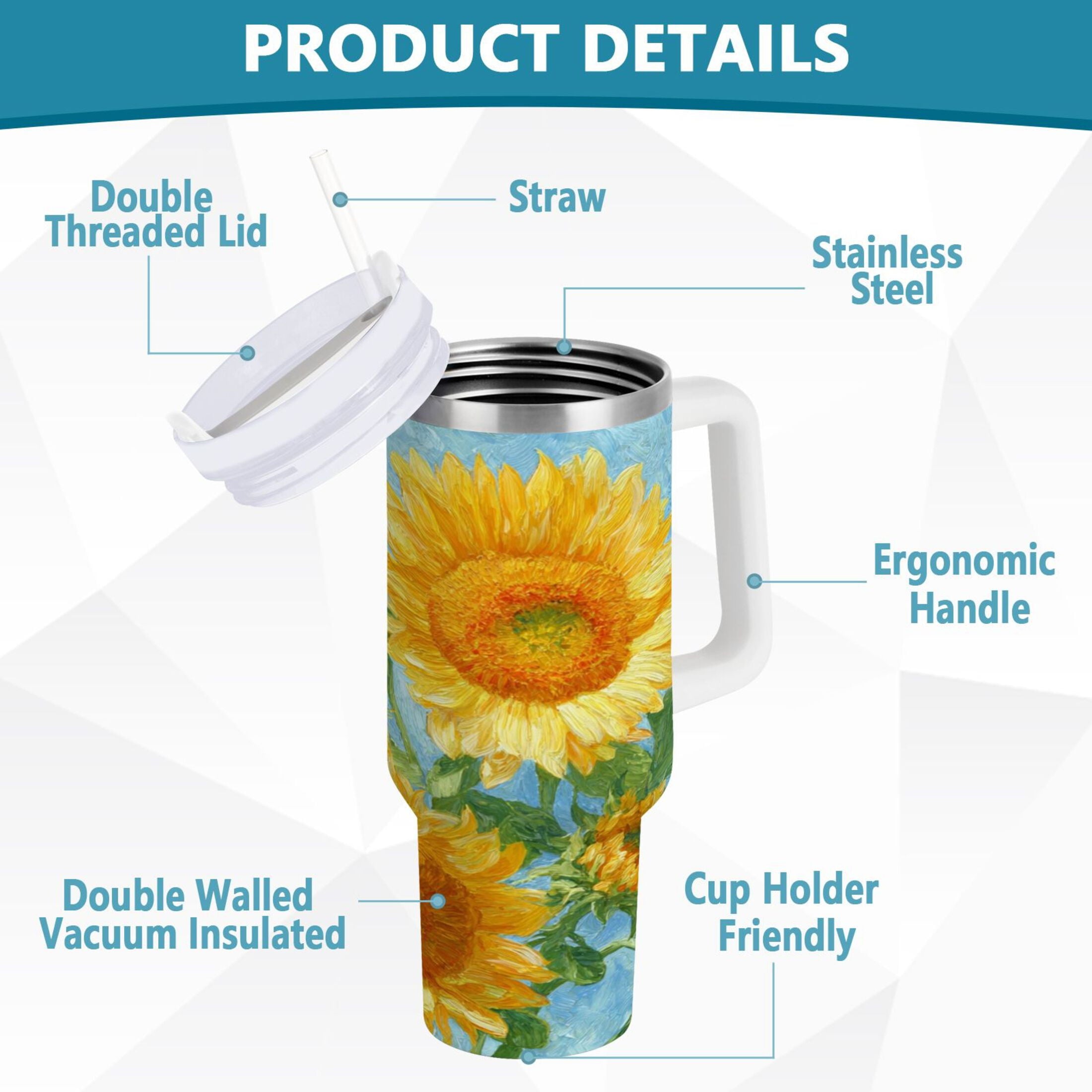 40 oz Insulated Stainless Steel Tumbler Double Wall Stainless Steel Tumbler with 2-Way Drinking Sunflower Oil Painting - Choice 548
