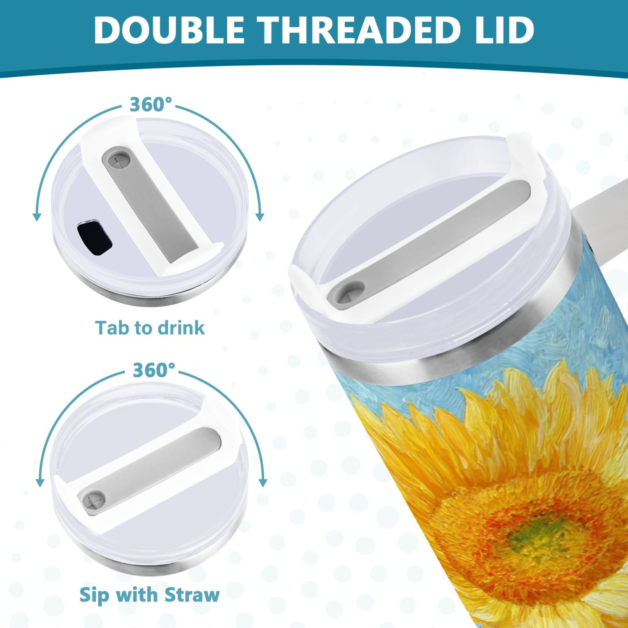 40 oz Insulated Stainless Steel Tumbler Double Wall Stainless Steel Tumbler with 2-Way Drinking Sunflower Oil Painting - Choice 548