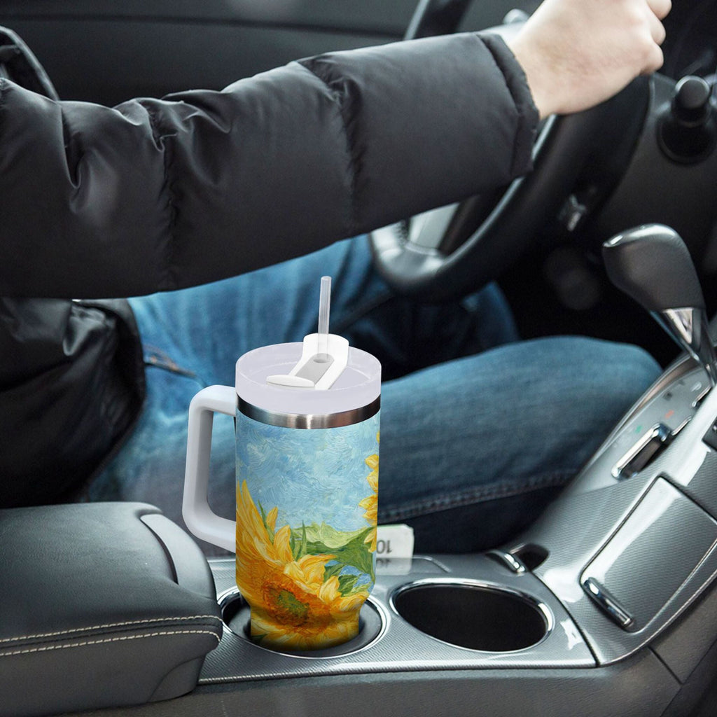 40 oz Insulated Stainless Steel Tumbler Double Wall Stainless Steel Tumbler with 2-Way Drinking Sunflower Oil Painting - Choice 548
