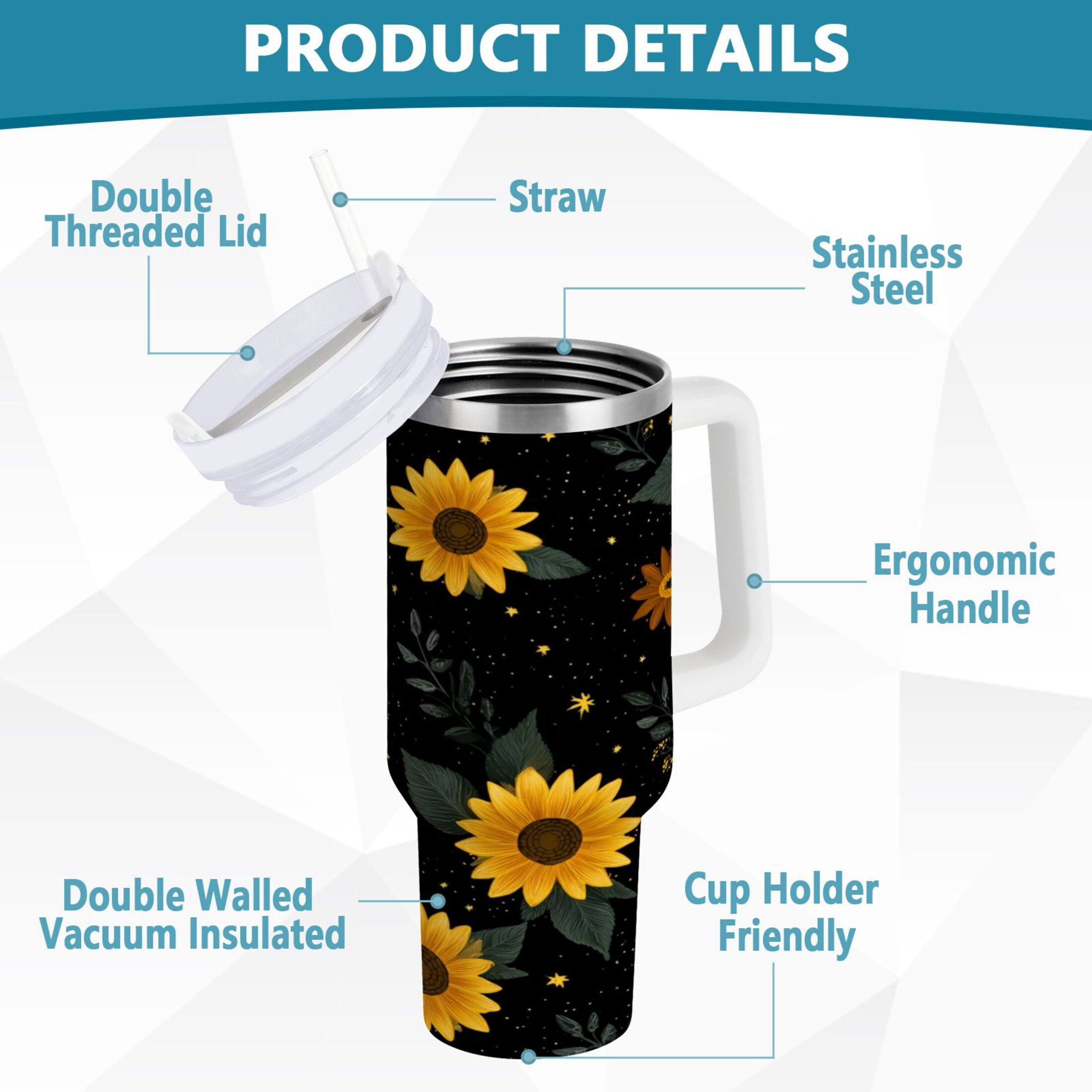 30 oz Insulated Stainless Steel Tumbler Double Wall Stainless Steel Tumbler with 2-Way Drinking Yellow Sunflower Pattern - Choice 158