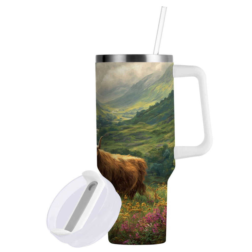30 oz Insulated Stainless Steel Tumbler Double Wall Stainless Steel Tumbler with 2-Way Drinking Cow in Green Rolling Hills - Choice 267