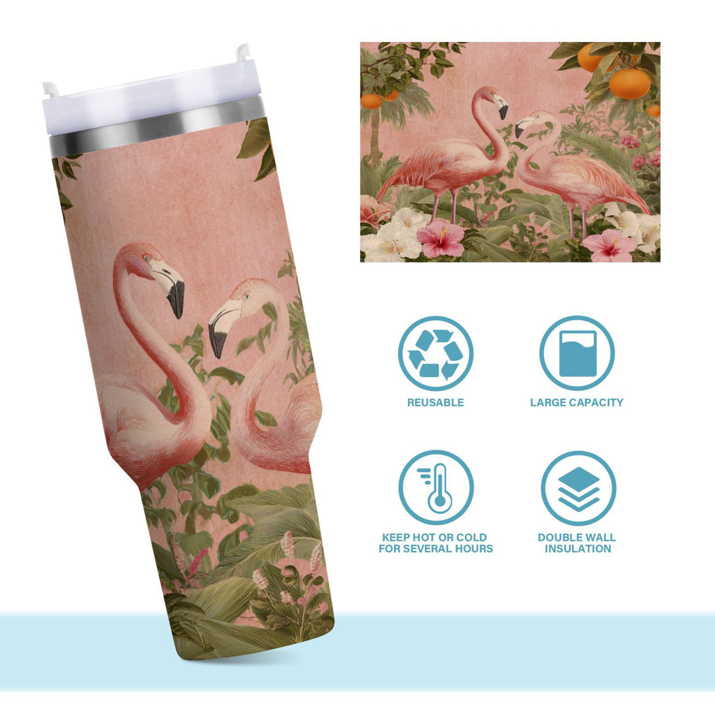 40 oz Insulated Stainless Steel Tumbler Double Wall Stainless Steel Tumbler with 2-Way Drinking Flamingos in Tropical Garden - Choice 104