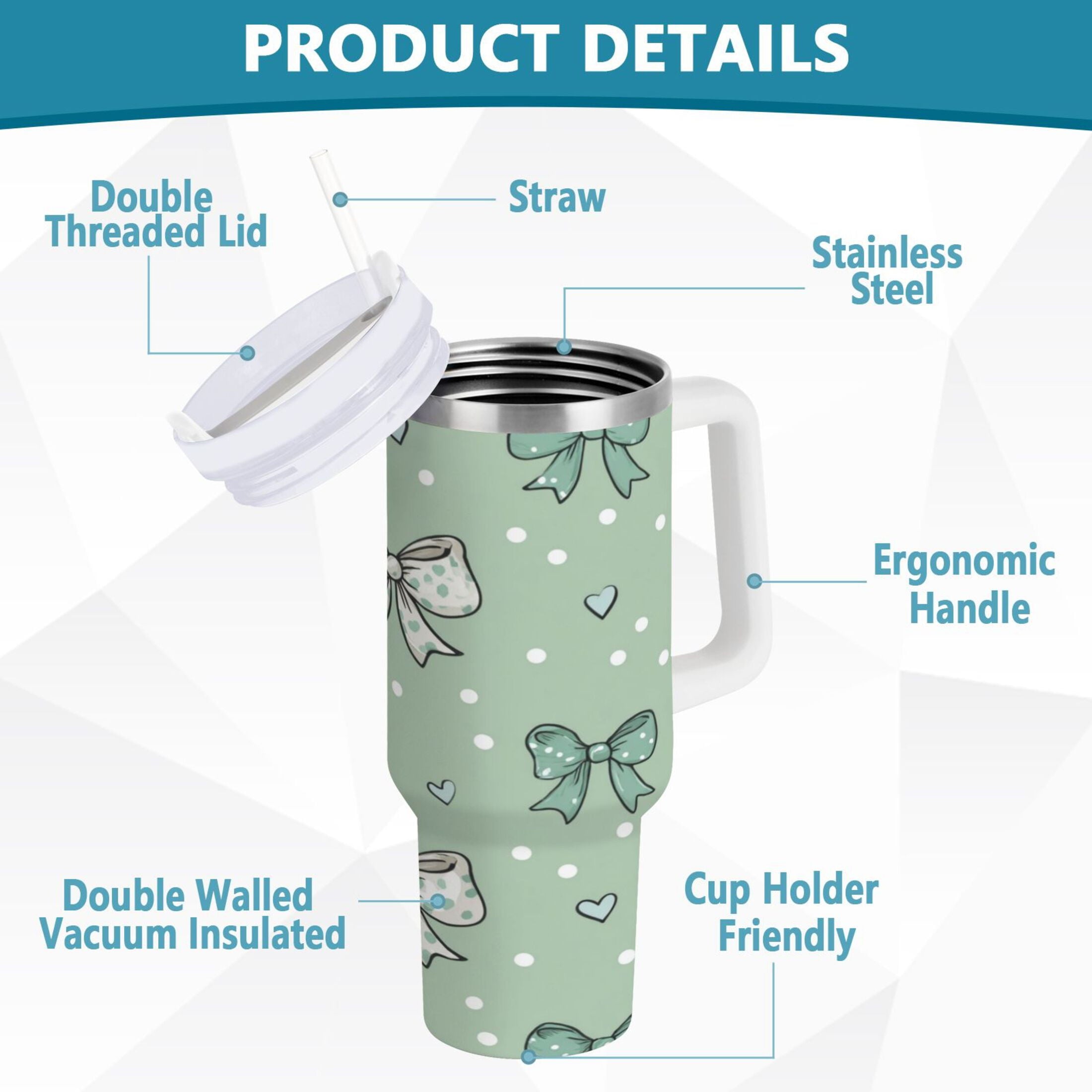 30 oz Insulated Stainless Steel Tumbler Double Wall Stainless Steel Tumbler with 2-Way Drinking Green and Mint Bows - Choice 428
