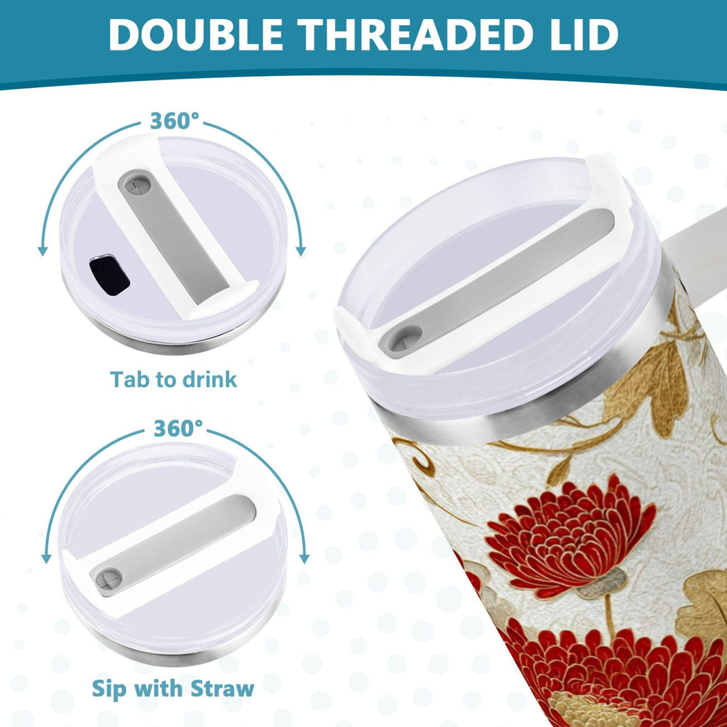 30 oz Insulated Stainless Steel Tumbler Double Wall Stainless Steel Tumbler with 2-Way Drinking Red Chrysanthemum Pattern - Choice 790