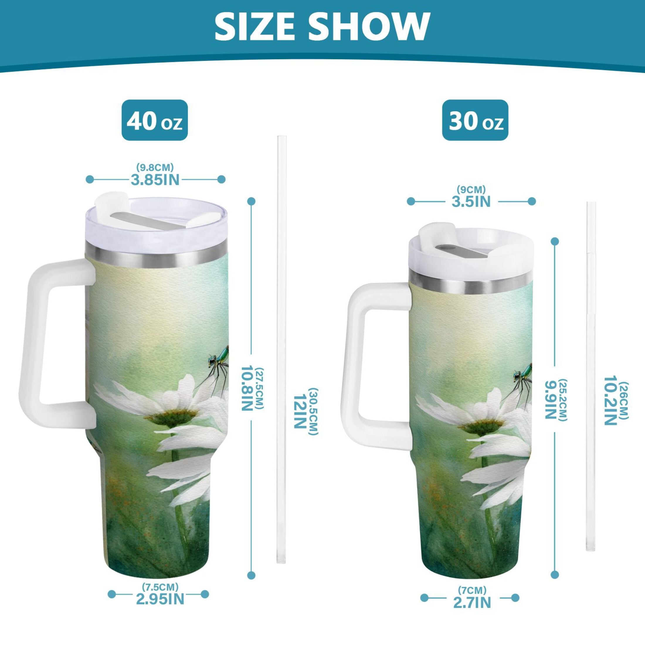 30 oz Insulated Stainless Steel Tumbler Double Wall Stainless Steel Tumbler with 2-Way Drinking Beautiful Dragonflies and Daisies - Choice 224