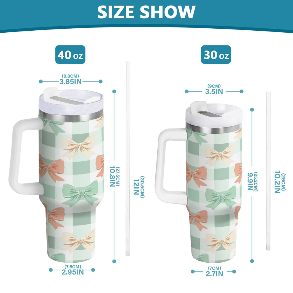 40 oz Insulated Stainless Steel Tumbler Double Wall Stainless Steel Tumbler with 2-Way Drinking Green and Peach Bow Pattern - Choice 304