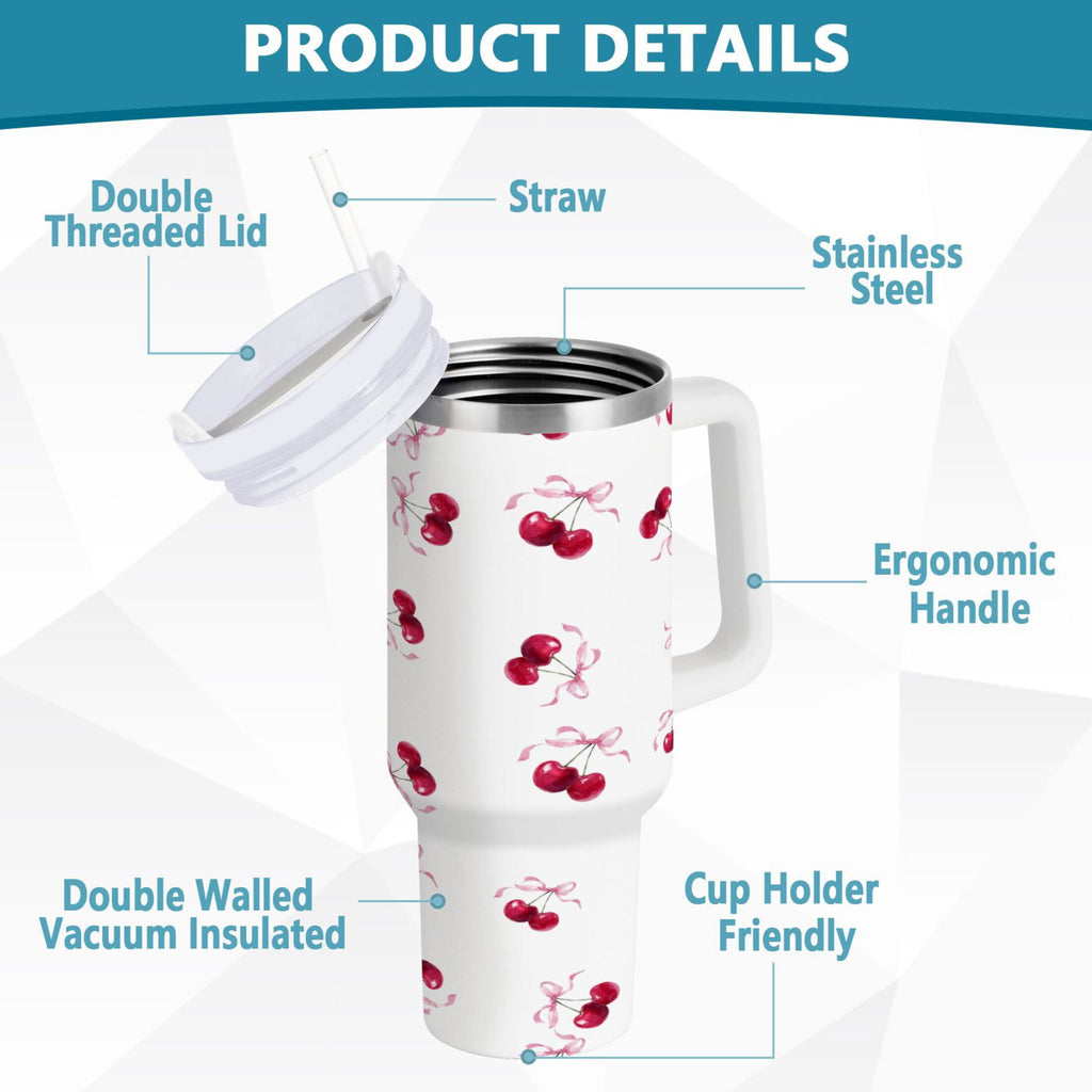 30 oz Insulated Stainless Steel Tumbler Double Wall Stainless Steel Tumbler with 2-Way Drinking Watercolor Cherries Pattern - Choice 345