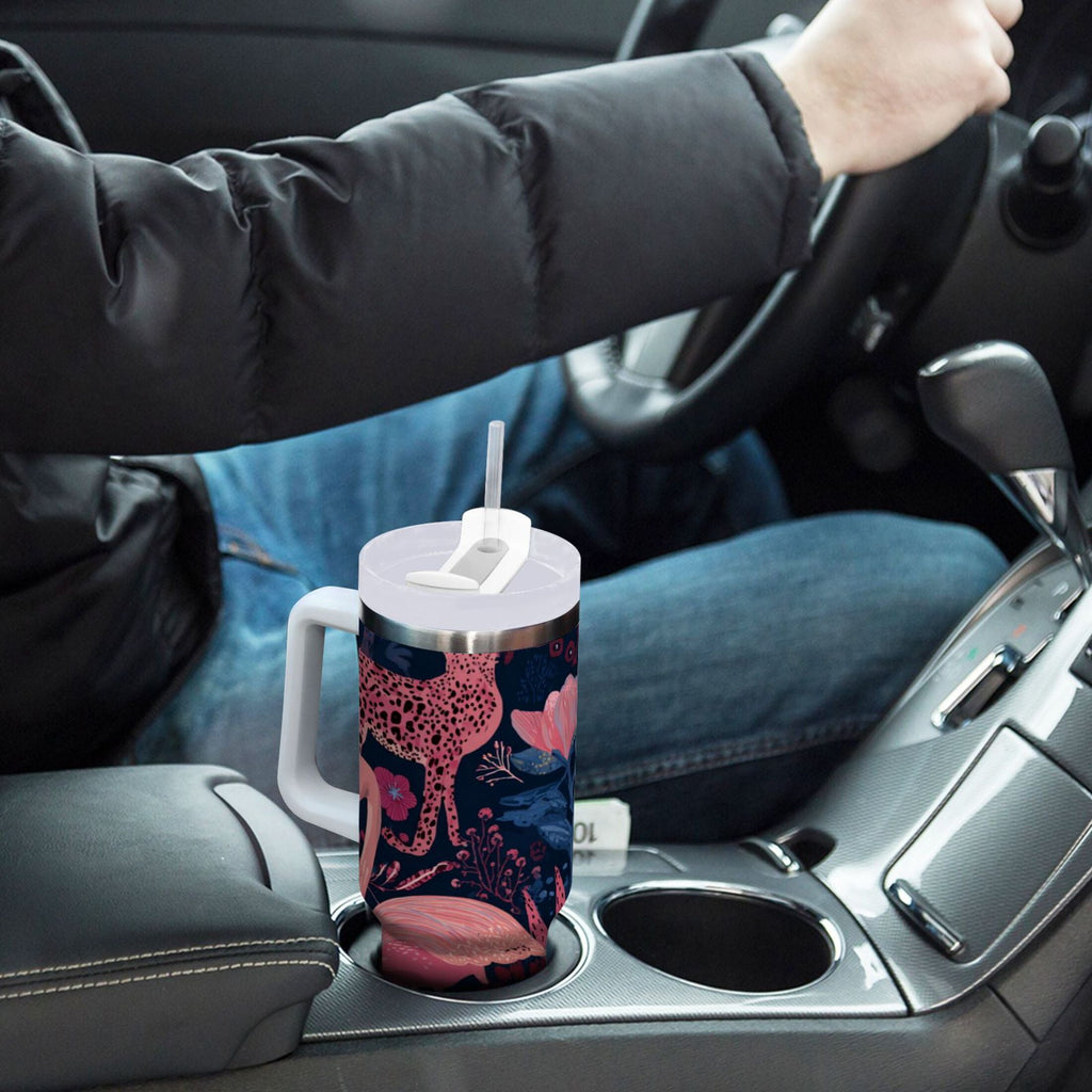 30 oz Insulated Stainless Steel Tumbler Double Wall Stainless Steel Tumbler with 2-Way Drinking Flamingos and Leopard Print - Choice 896