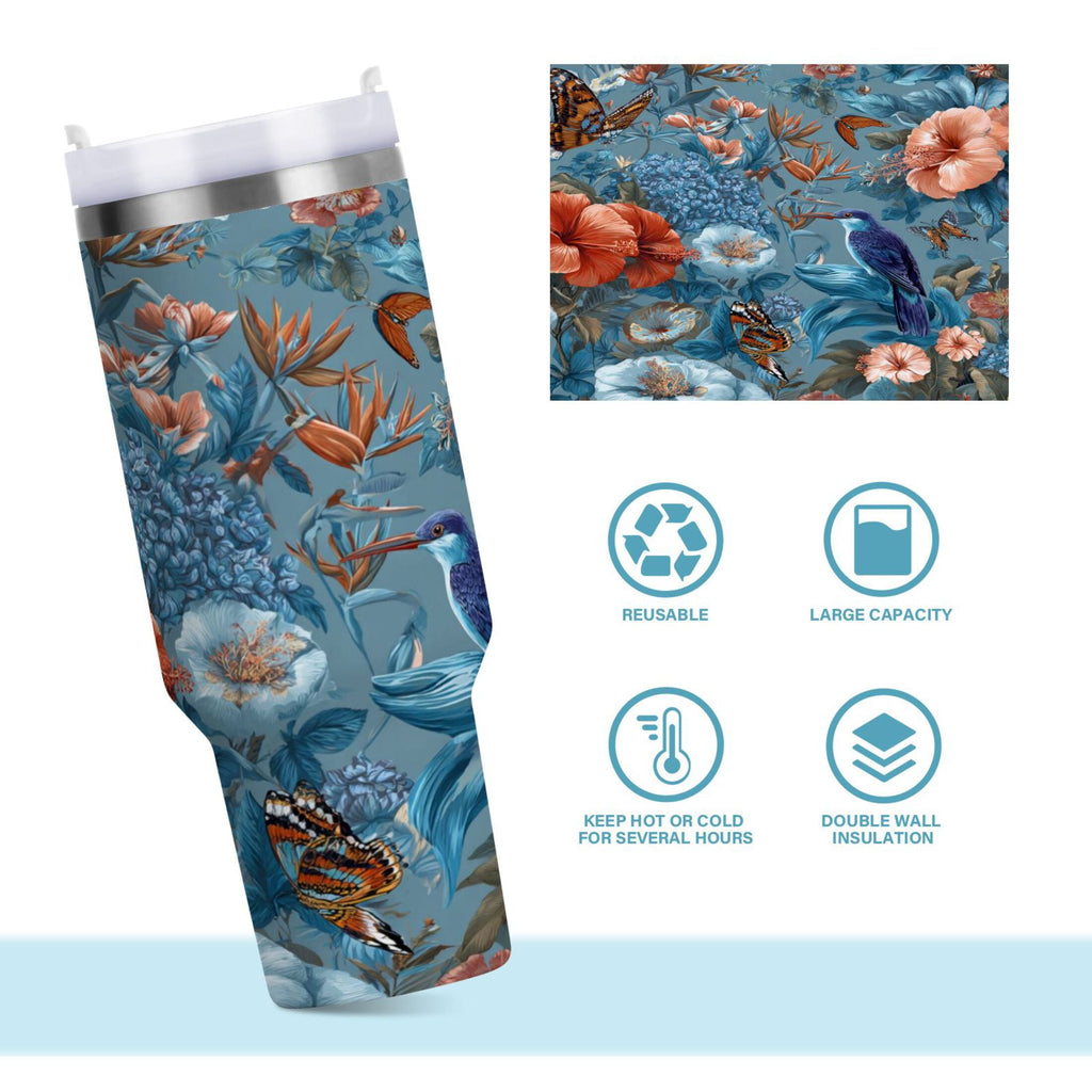 30 oz Insulated Stainless Steel Tumbler Double Wall Stainless Steel Tumbler with 2-Way Drinking Birds and Flowers - Choice 730
