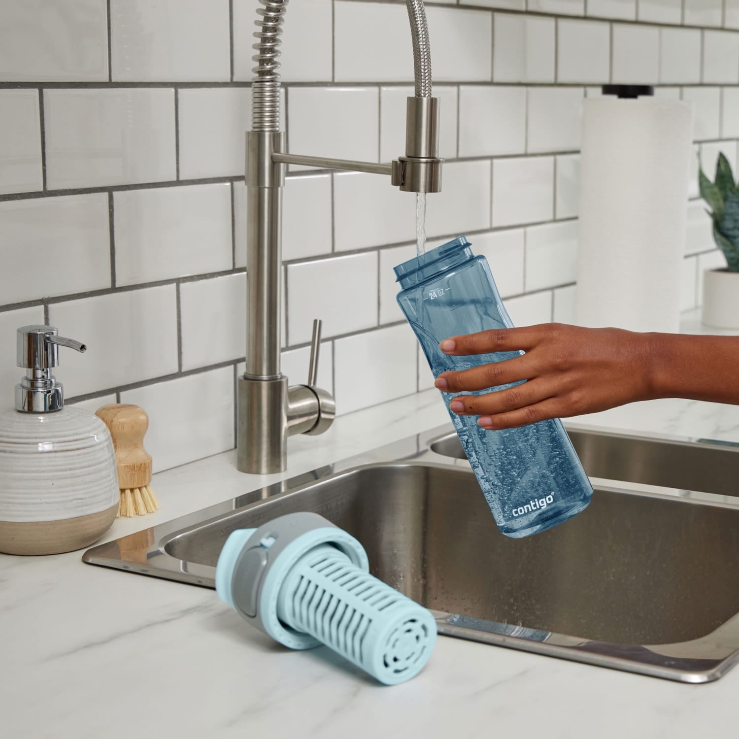 (2 pack) Contigo Clybourn Plastic FreeFlow Filter Water Bottle with AUTOSEAL Lid 24 oz., Dark Ice, with Replacable Filter - Choice 244