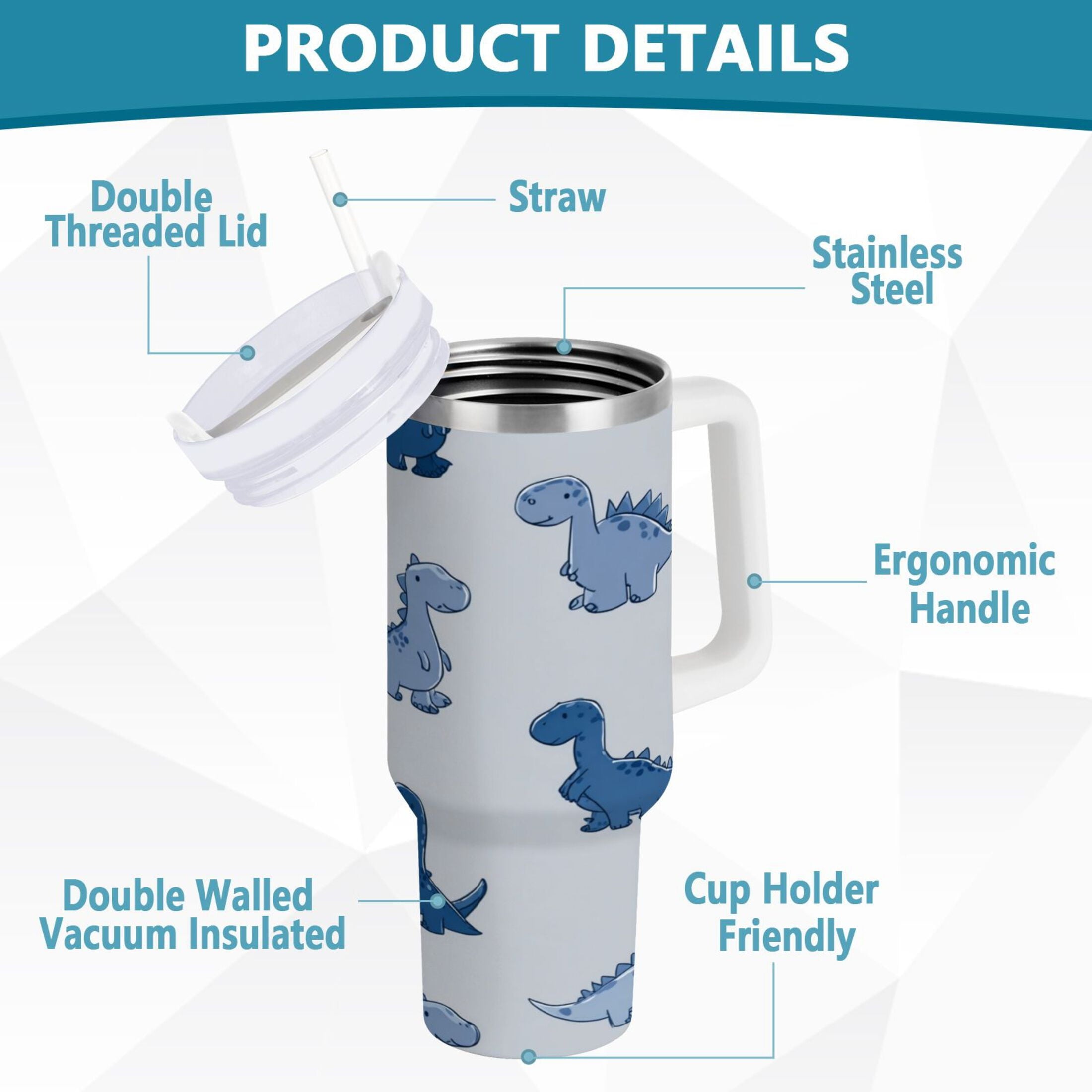 30 oz Insulated Stainless Steel Tumbler Double Wall Stainless Steel Tumbler with 2-Way Drinking Cute Blue Dinosaurs - Choice 495