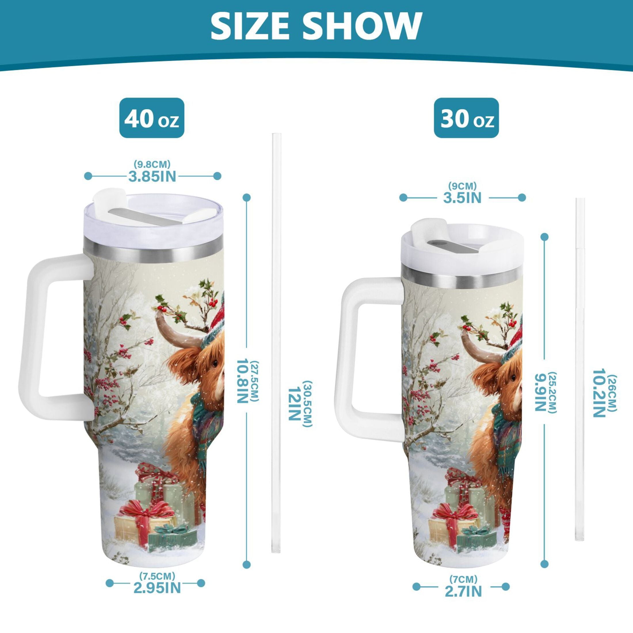 30 oz Insulated Stainless Steel Tumbler Double Wall Stainless Steel Tumbler with 2-Way Drinking Cow Wearing Christmas Hat - Choice 987