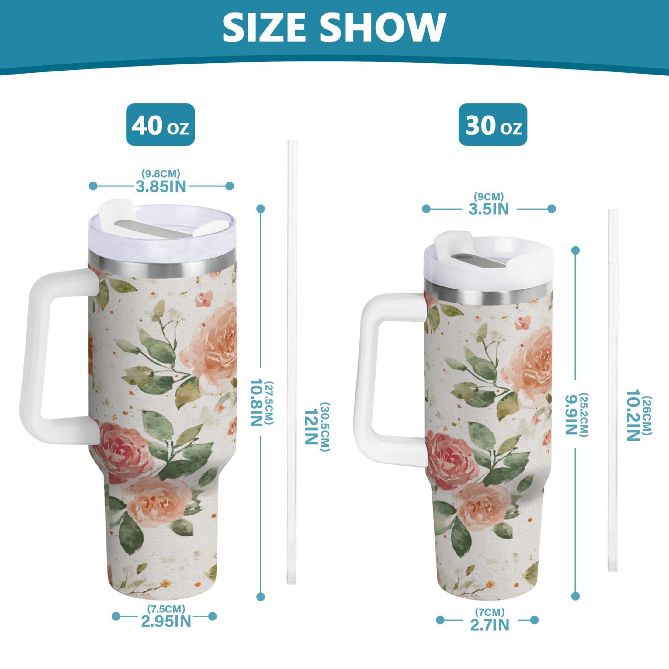 40 oz Insulated Stainless Steel Tumbler Double Wall Stainless Steel Tumbler with 2-Way Drinking Watercolor Rose Floral Pattern - Choice 233