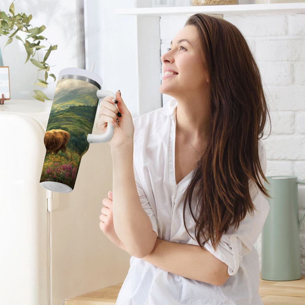 30 oz Insulated Stainless Steel Tumbler Double Wall Stainless Steel Tumbler with 2-Way Drinking Cow in Green Rolling Hills - Choice 267