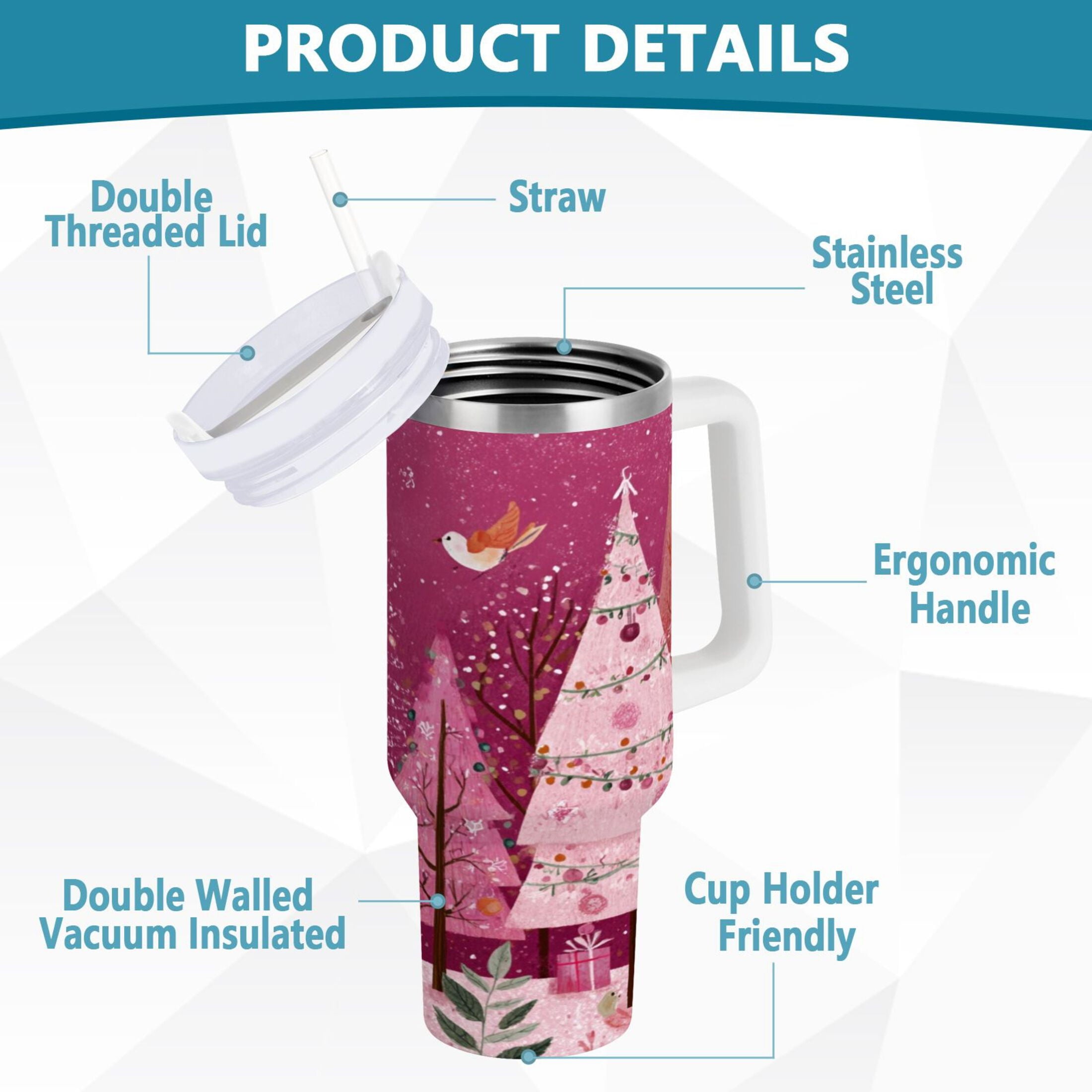 40 oz Insulated Stainless Steel Tumbler Double Wall Stainless Steel Tumbler with 2-Way Drinking Pink Christmas Forest - Choice 570