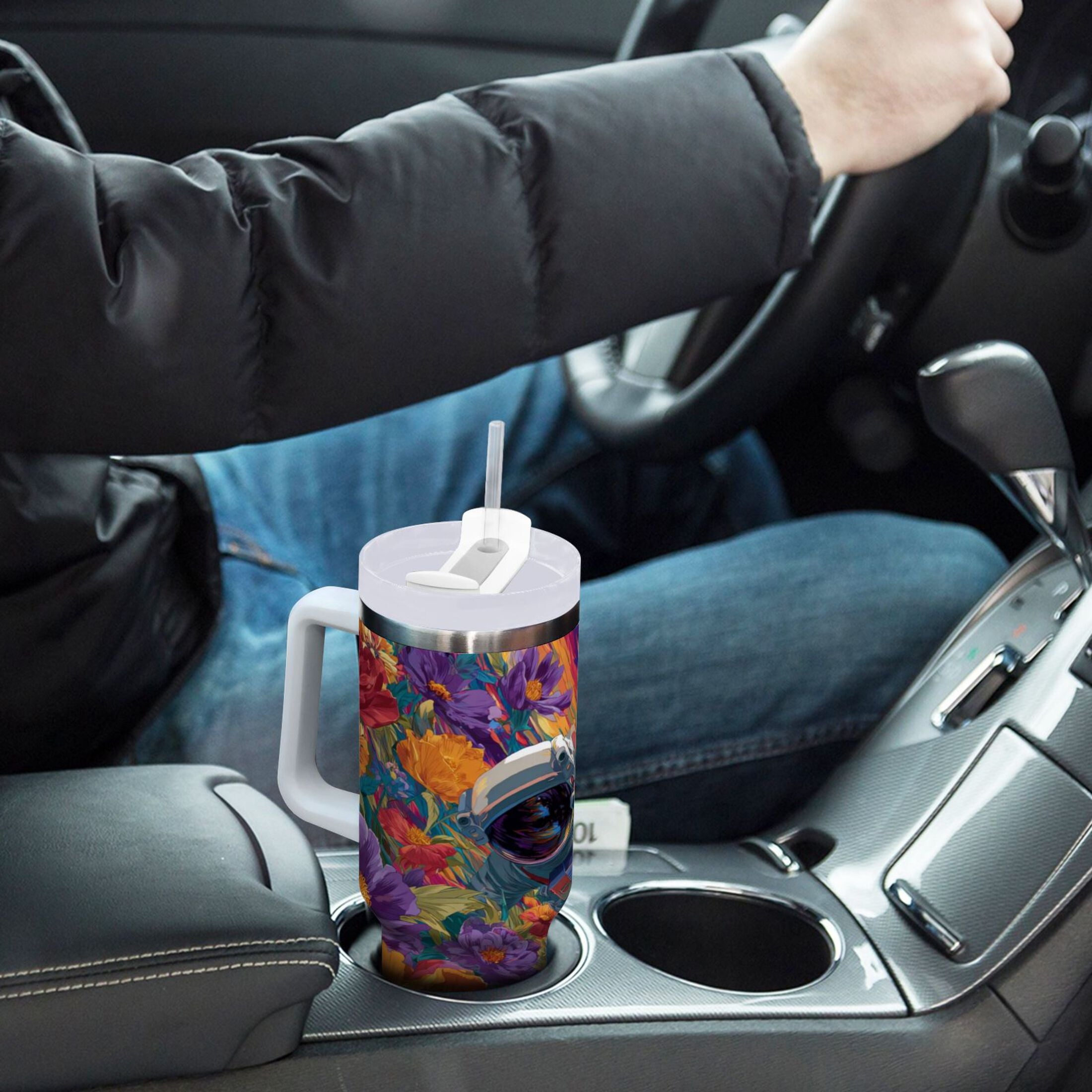40 oz Insulated Stainless Steel Tumbler Double Wall Stainless Steel Tumbler with 2-Way Drinking Colorful Flowers and Planets - Choice 649